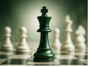A green king chess piece on a chessboard with blurred white pieces in the background.