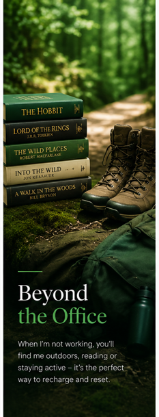 Stack of five books with titles 'The Hobbit,' 'Lord of the Rings,' 'The Wild Places,' 'Into the Wild,' and 'A Walk in the Woods,' placed next to a pair of hiking boots and a green backpack in a forest setting.