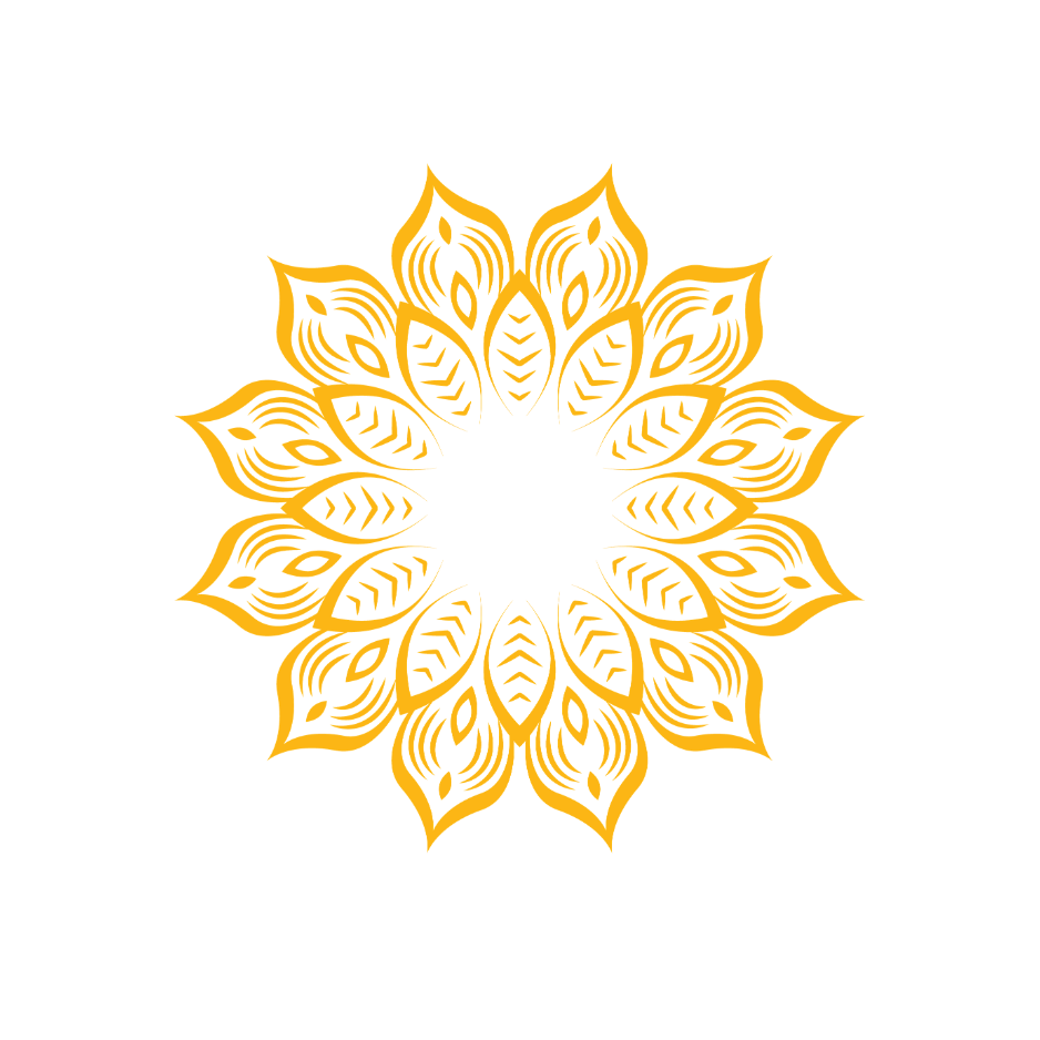 Gold floral mandala pattern on black background.
