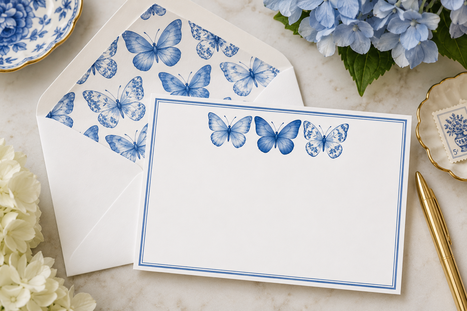 Elegant Blue Butterfly Stationery Flat Lay.png