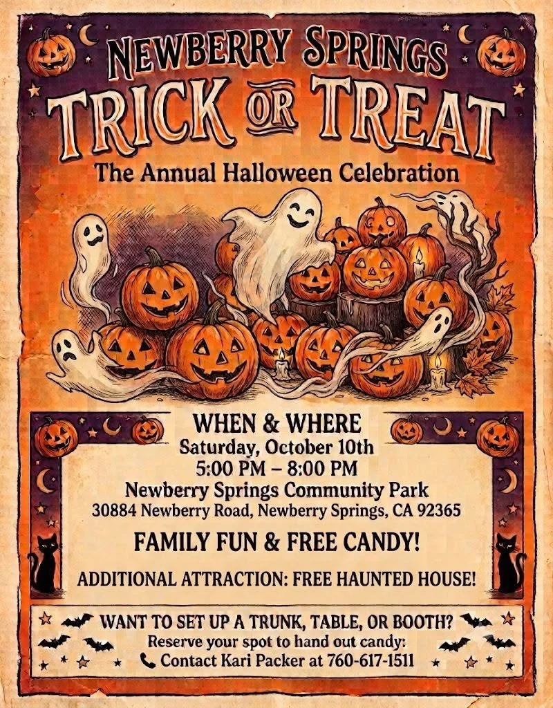Please contact Kari Packer if you want to set up a Trunk, Table, or Booth 🎃

Saturday, October 10th, 5-8pm
Newberry Springs Community Park

#newberrysprings #halloweentrunkortreat #communitypark