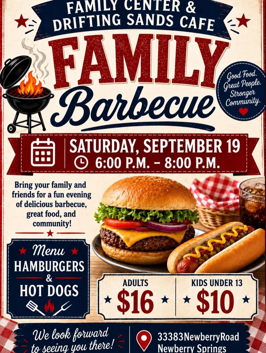 Mark your calendars for the Newberry Springs Senior/Family Center Family BBQ on Saturday, September 19th!

A fantastic event to support a local business, eat good food, and engage with the community.

#newberrysprings #driftingsandscafe #supportlocal