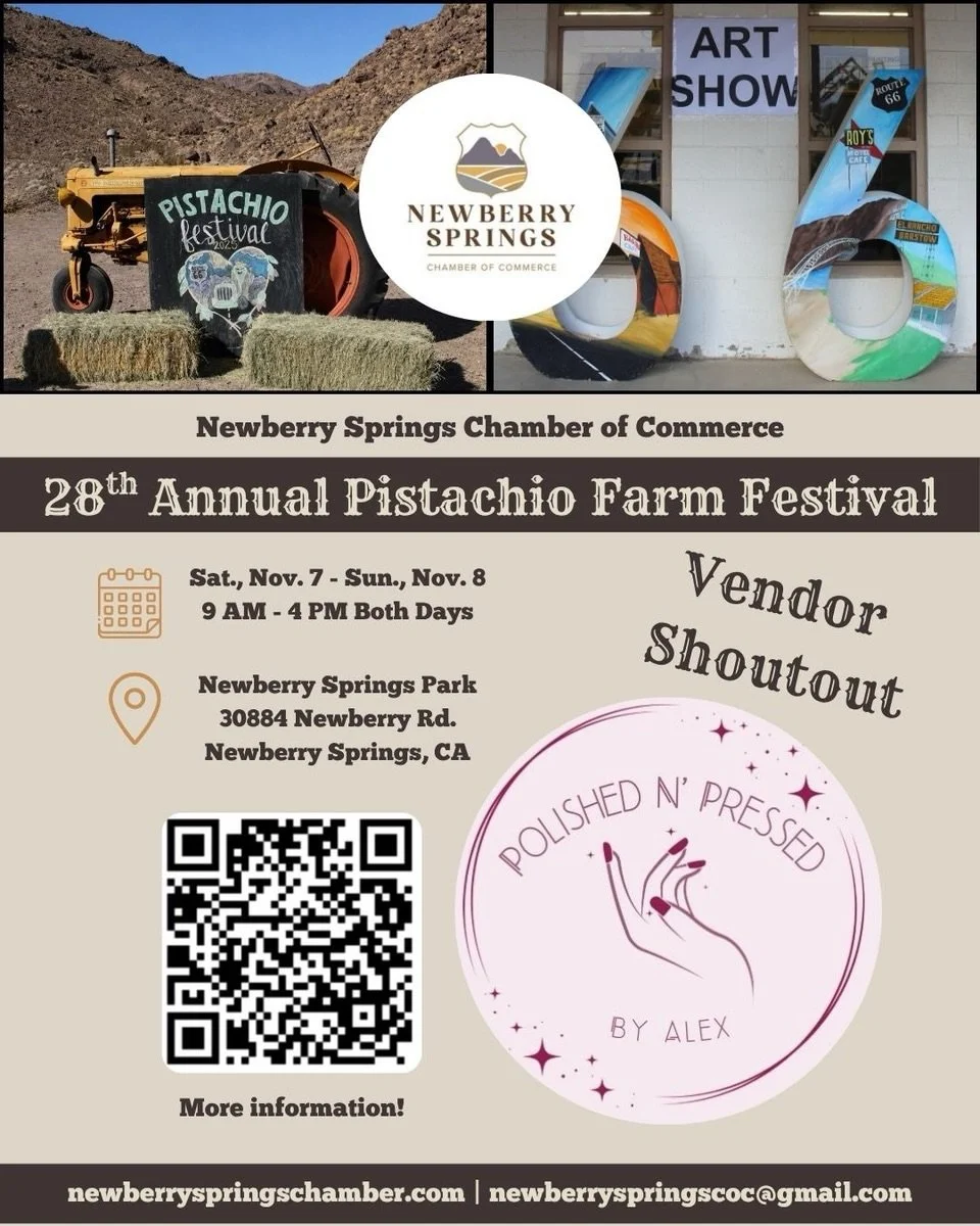 VENDOR SHOUTOUT!

@polishednpressedbyalex 

We&rsquo;re excited to introduce another amazing vendor joining us at the 28th Annual Pistachio Farm Festival! 💚

From unique finds to delicious treats, our vendors are a HUGE part of what makes this festi