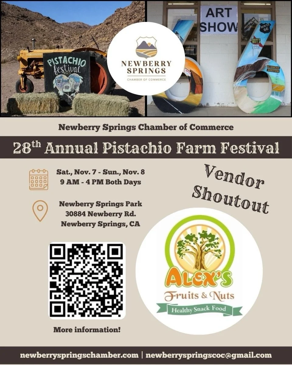 VENDOR SHOUTOUT!

@alexsfruitsandnuts 

We&rsquo;re excited to introduce another amazing vendor joining us at the 28th Annual Pistachio Farm Festival! 💚

From unique finds to delicious treats, our vendors are a HUGE part of what makes this festival 