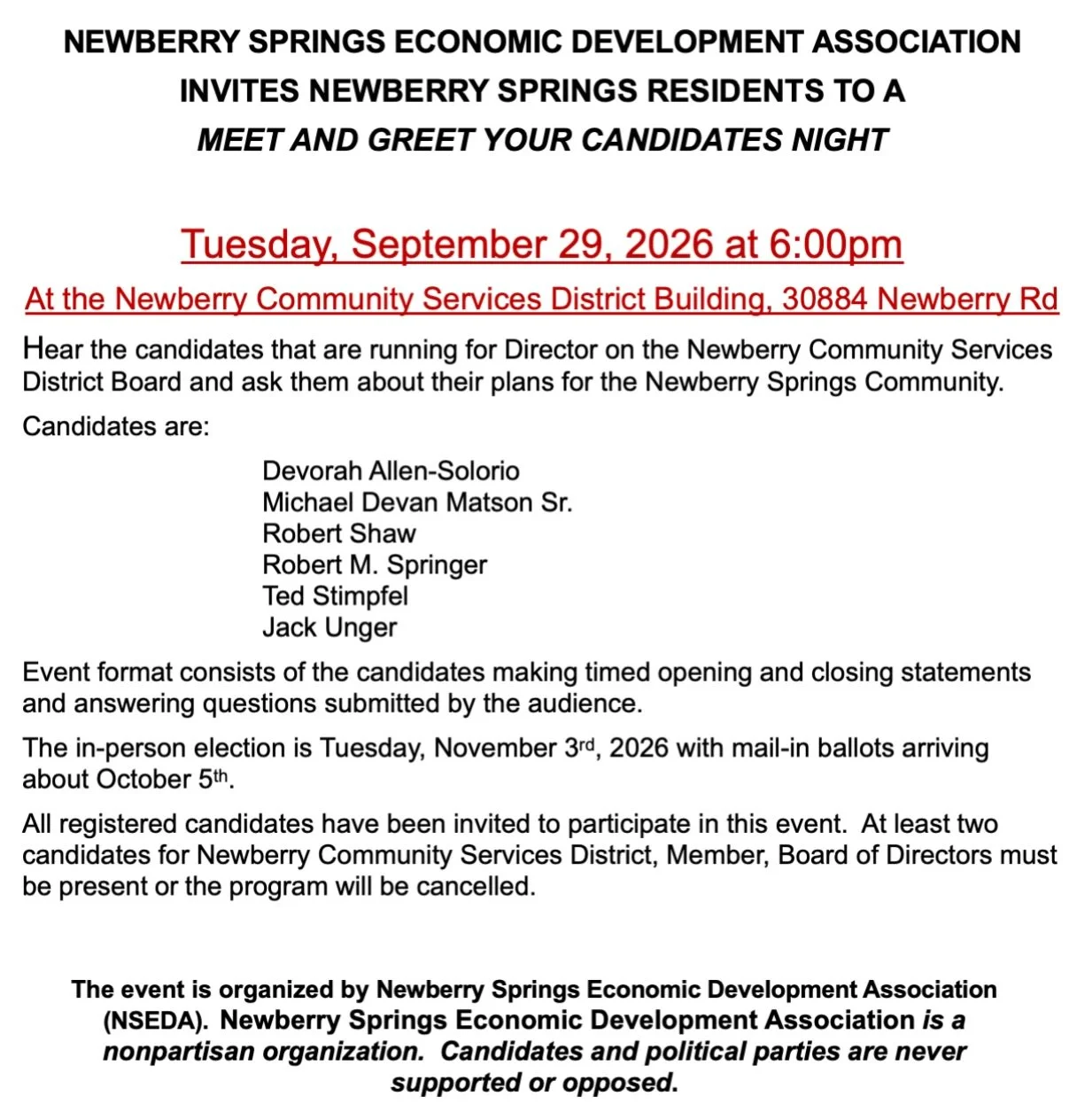 Meet &amp; Greet your candidates running for Director on the Newberry Springs Community Service District. 

Tuesday, September 29th at 6PM at the CSD building.

#community