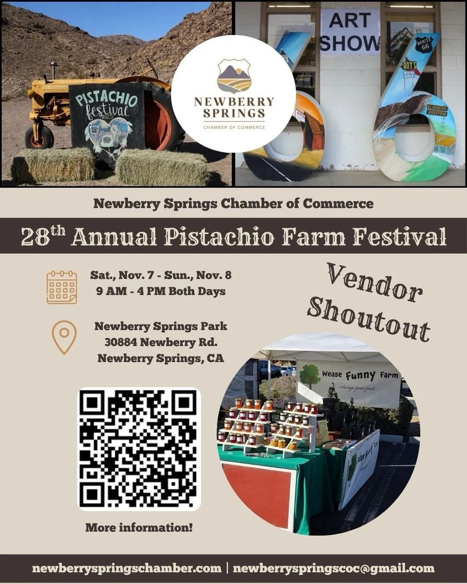 VENDOR SHOUTOUT!

WEASE FUNNY FARM

We&rsquo;re excited to introduce another amazing vendor joining us at the 28th Annual Pistachio Farm Festival! 💚

From unique finds to delicious treats, our vendors are a HUGE part of what makes this festival so s