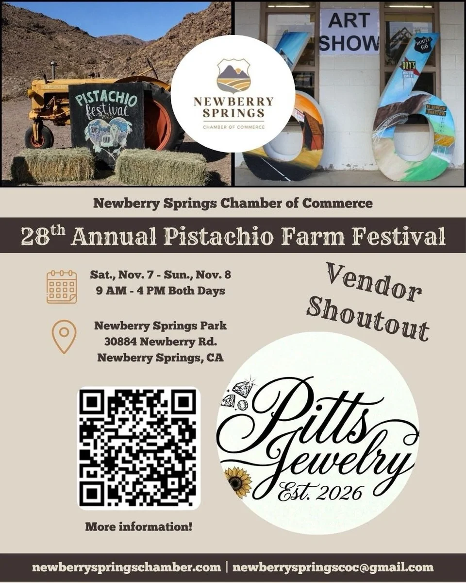 VENDOR SHOUTOUT!

@pitts.jewelry 

We&rsquo;re excited to introduce another amazing vendor joining us at the 28th Annual Pistachio Farm Festival! 💚

From unique finds to delicious treats, our vendors are a HUGE part of what makes this festival so sp
