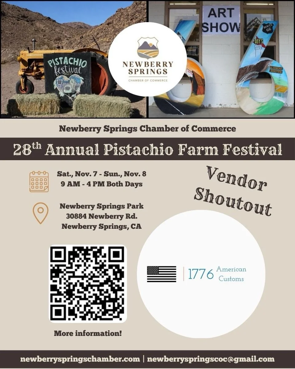 VENDOR SHOUTOUT!

@1776americancustoms 

We&rsquo;re excited to introduce another amazing vendor joining us at the 28th Annual Pistachio Farm Festival! 💚

From unique finds to delicious treats, our vendors are a HUGE part of what makes this festival