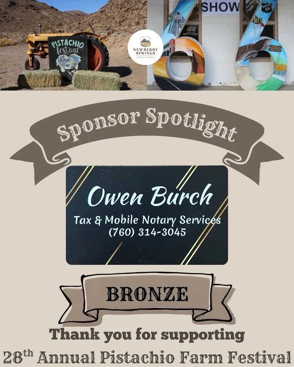 SPONSOR SHOUTOUT 

@owenburchtax_and_notary 

The Pistachio Farm Festival is growing bigger and better, and we couldn&rsquo;t do it without the generous support of the incredible people and businesses  who believe in what we&rsquo;re building.

Your 