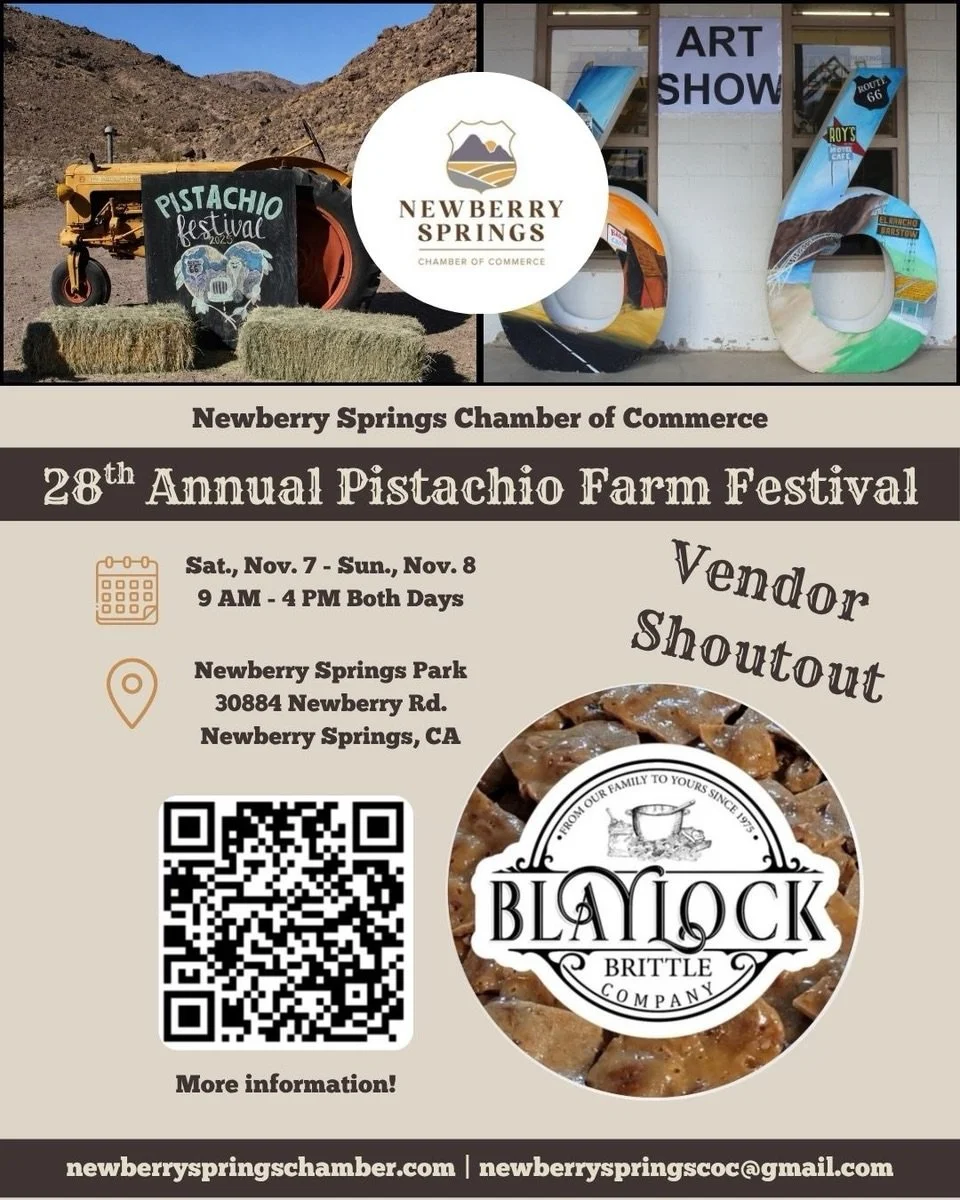 VENDOR SHOUTOUT!

@blaylockbrittleco 

We&rsquo;re excited to introduce another amazing vendor joining us at the 28th Annual Pistachio Farm Festival! 💚

From unique finds to delicious treats, our vendors are a HUGE part of what makes this festival s