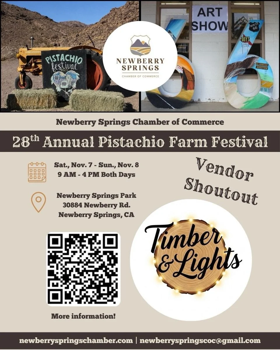 VENDOR SHOUTOUT!

TIMBER &amp; LIGHTS

We&rsquo;re excited to introduce another amazing vendor joining us at the 28th Annual Pistachio Farm Festival! 💚

From unique finds to delicious treats, our vendors are a HUGE part of what makes this festival s
