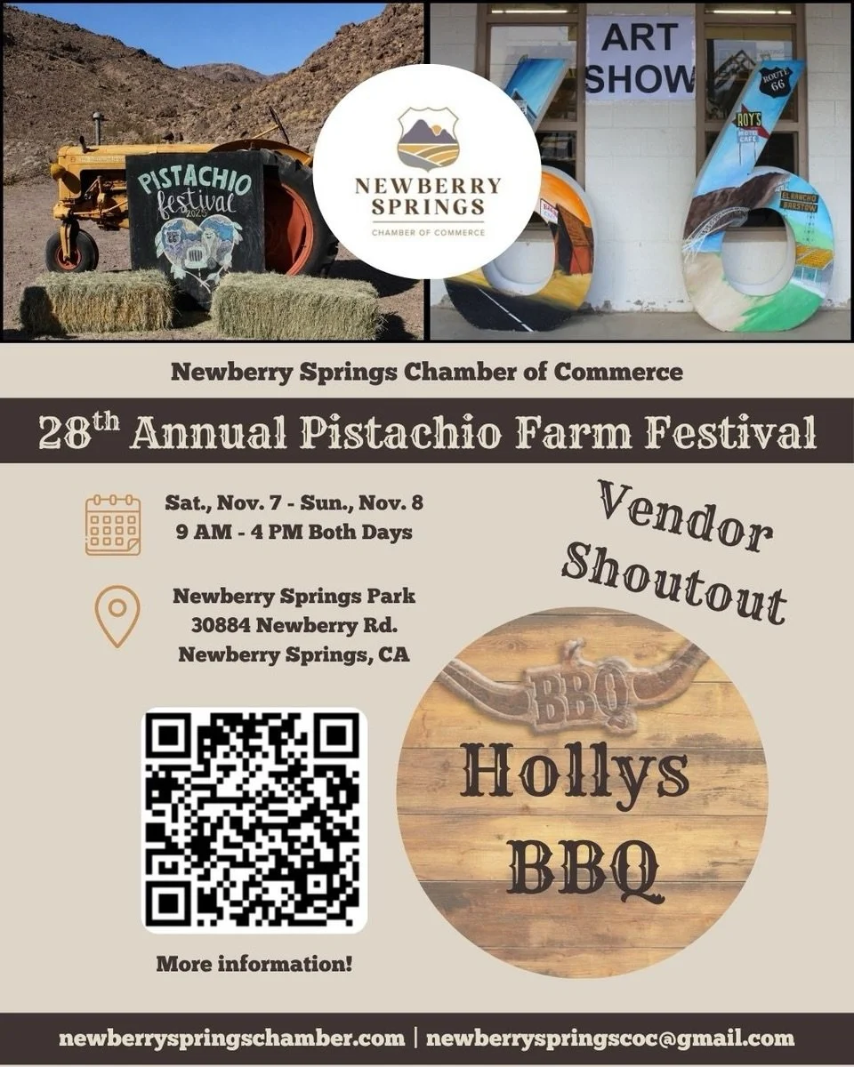 VENDOR SHOUTOUT!

Holly&rsquo;s BBQ 

We&rsquo;re excited to introduce another amazing vendor joining us at the 28th Annual Pistachio Farm Festival! 💚

From unique finds to delicious treats, our vendors are a HUGE part of what makes this festival so