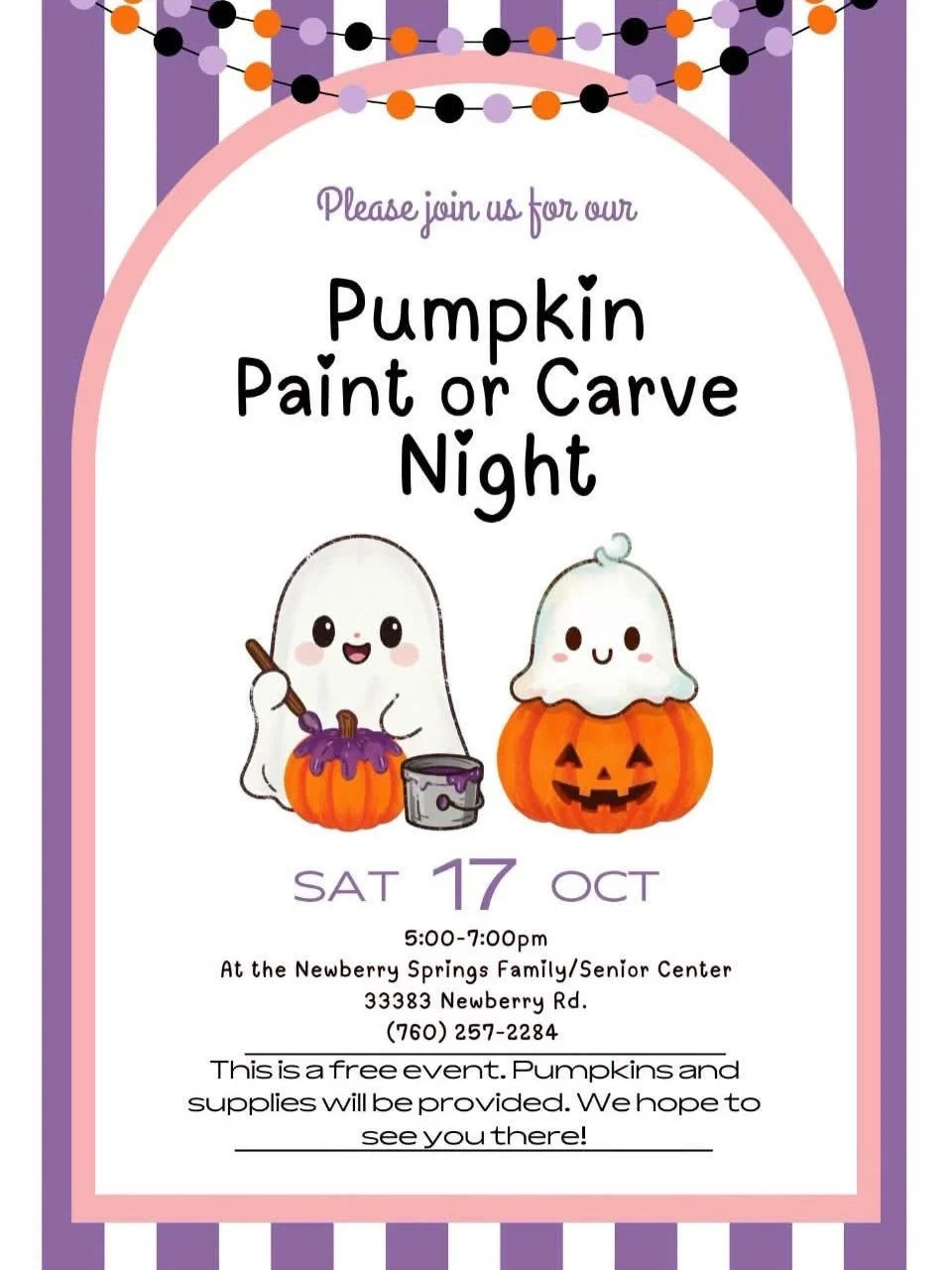 Looking for a family-friendly community event here in Newberry Springs? 
The team at the Newberry Springs Senior/Family Center are putting on a Pumpkin Paint or Carve night on Saturday, October 17th from 5pm - 7pm

The event is FREE! Hope to see you 