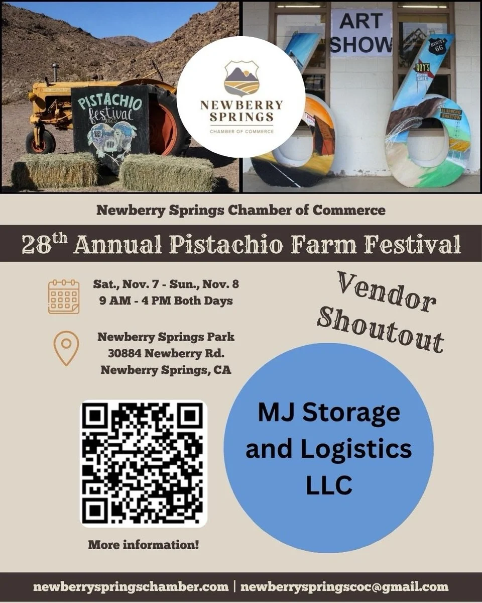 VENDOR SHOUTOUT!

MJ STORAGE AND LOGISTICS LLC

We&rsquo;re excited to introduce another amazing vendor joining us at the 28th Annual Pistachio Farm Festival! 💚

From unique finds to delicious treats, our vendors are a HUGE part of what makes this f