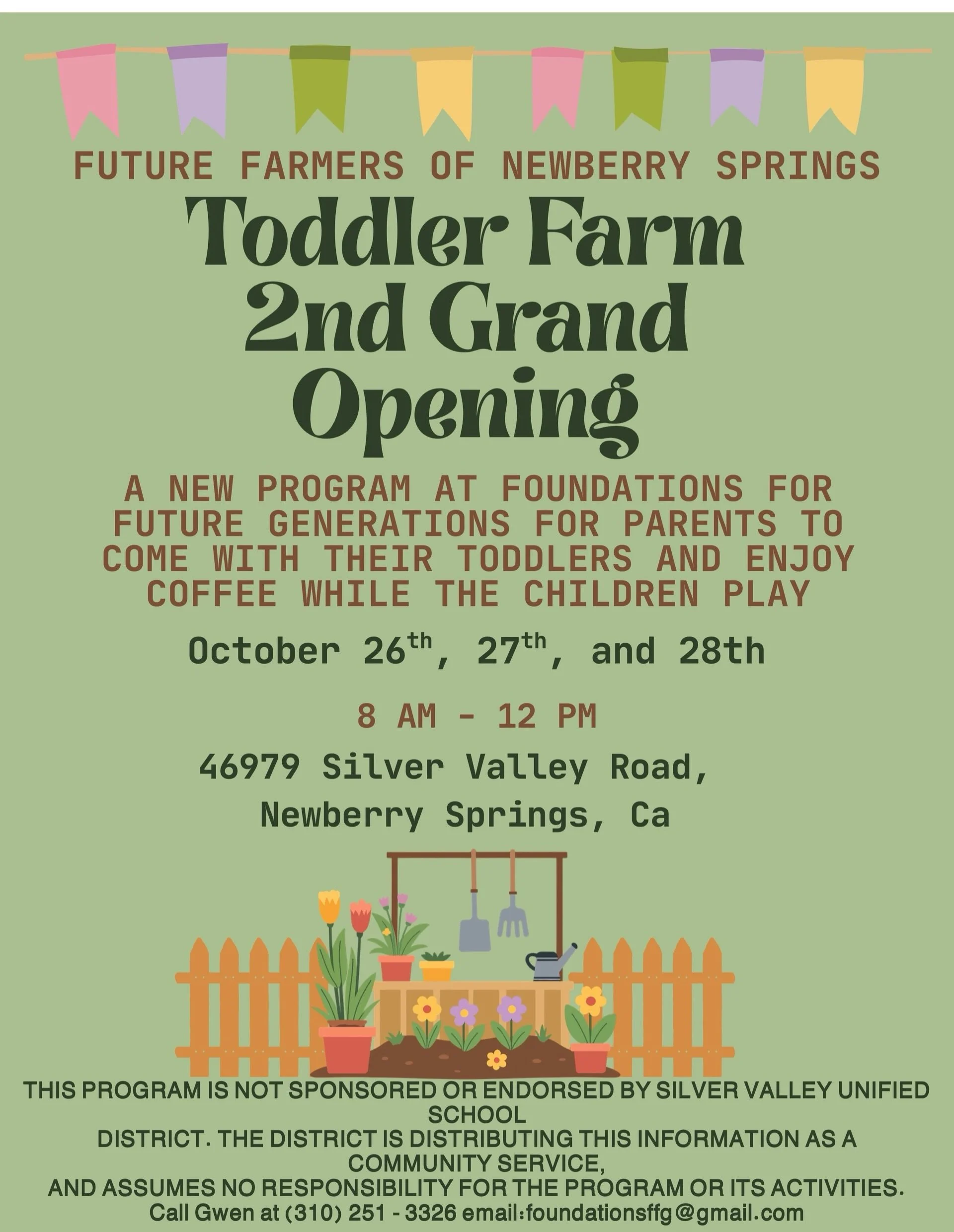 Future Farmers of Newberry Springs is hosting another Grand Opening for their Toddler Farm! 🪴🪏🏡

We know many of you enjoyed this event for your children. Hopefully you all will return and bring friends with you! Getting the kids outside and havin