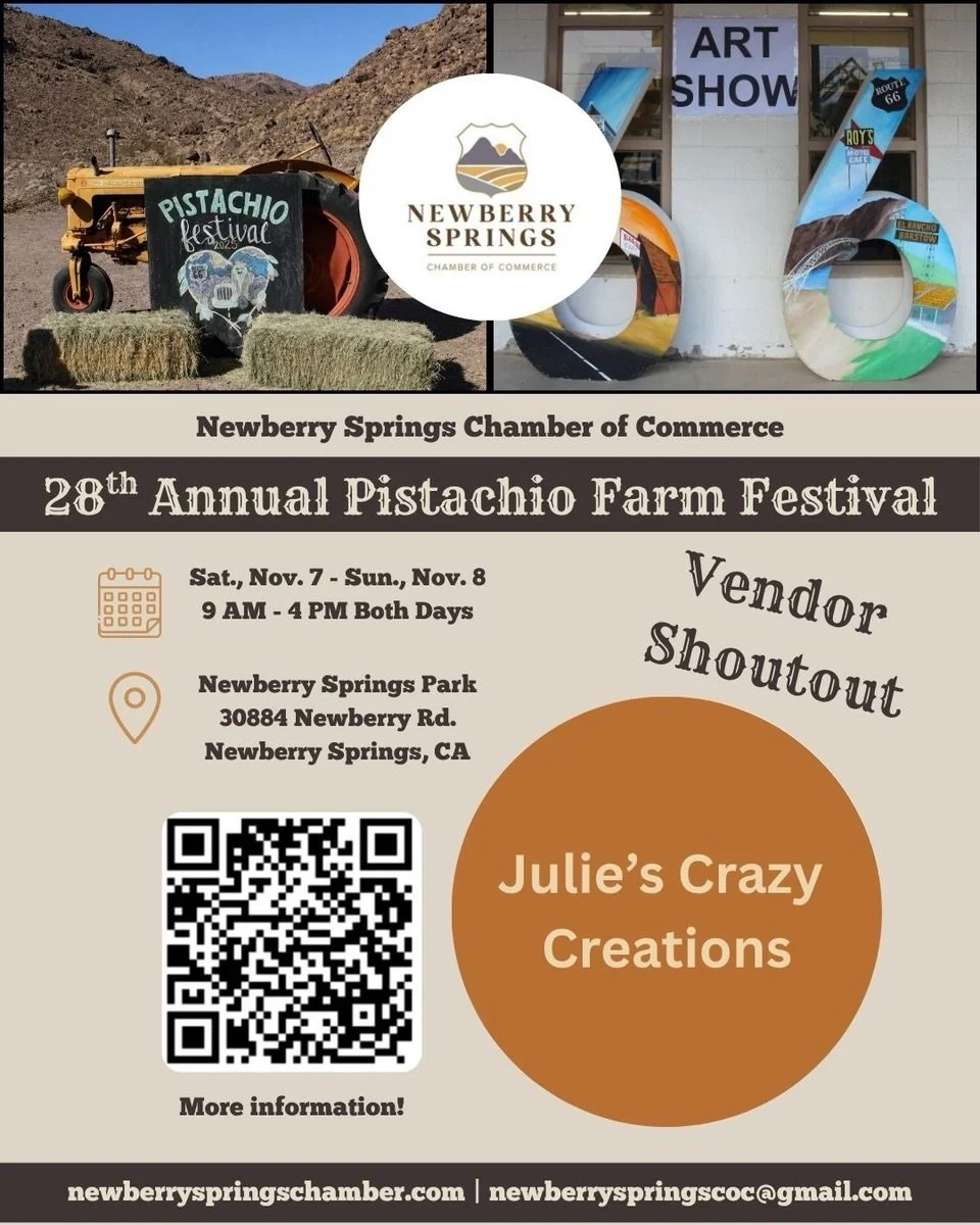 VENDOR SHOUTOUT!

JULIE&rsquo;S CRAZY CREATIONS

We&rsquo;re excited to introduce another amazing vendor joining us at the 28th Annual Pistachio Farm Festival! 💚

From unique finds to delicious treats, our vendors are a HUGE part of what makes this 