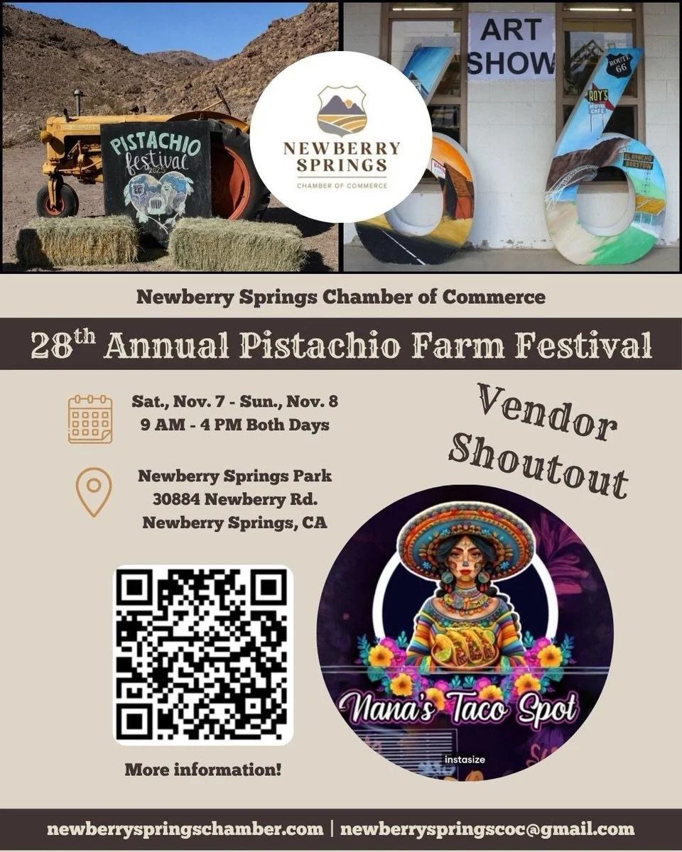 VENDOR SHOUTOUT!

@nanastacospot 

We&rsquo;re excited to introduce another amazing vendor joining us at the 28th Annual Pistachio Farm Festival! 💚

From unique finds to delicious treats, our vendors are a HUGE part of what makes this festival so sp