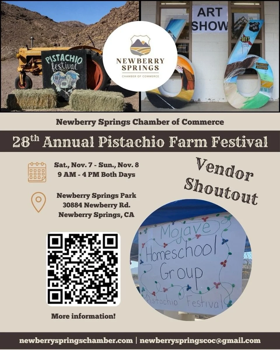VENDOR SHOUTOUT!

Mojave Homeschool Group

We&rsquo;re excited to introduce another amazing vendor joining us at the 28th Annual Pistachio Farm Festival! 💚

From unique finds to delicious treats, our vendors are a HUGE part of what makes this festiv