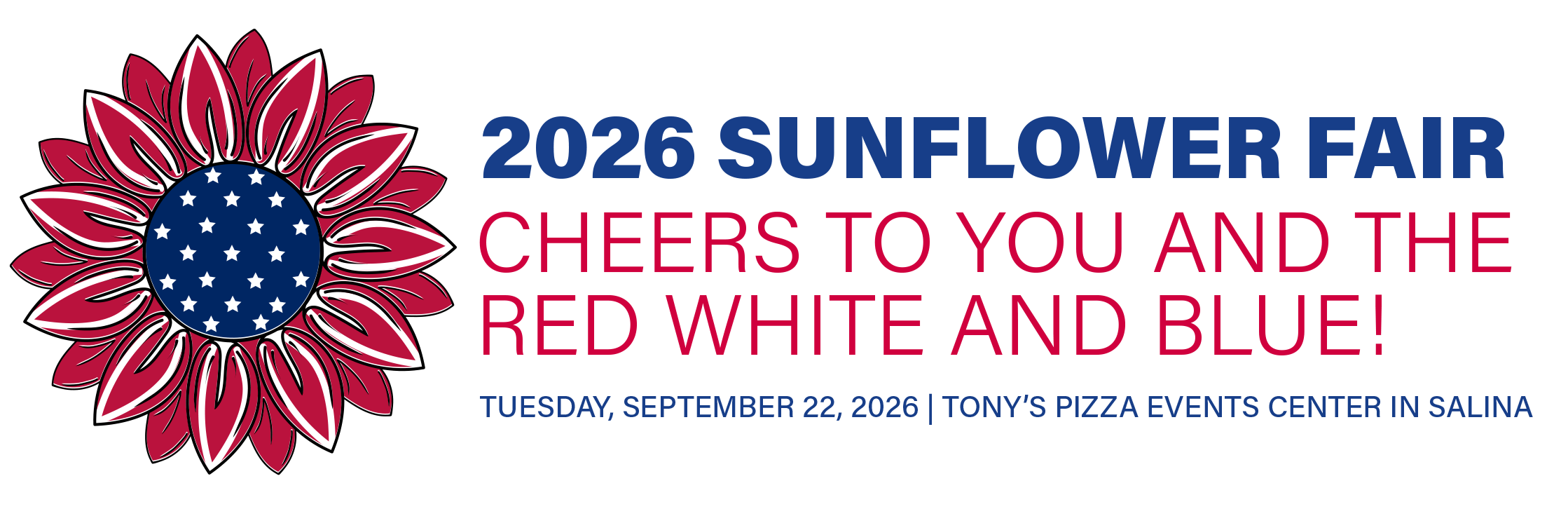Image of the 2026 Sunflower Fair flyer with  Sunflower with red petals and blue and white stars in center and information on the event