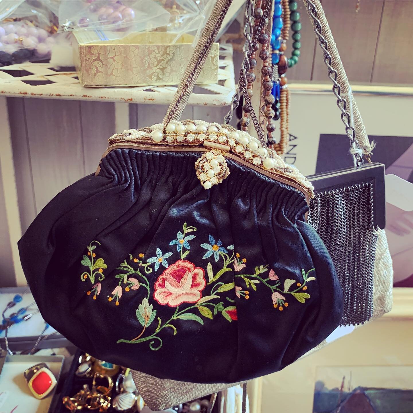 Who carried this embroidered clutch? What party did she take it to, and what precious things were inside? What would have happened if she lost it&hellip;?

Embroidered silk clutch with pearls (era?) found at Foreside Antiques in Falmouth, Maine. 

#h