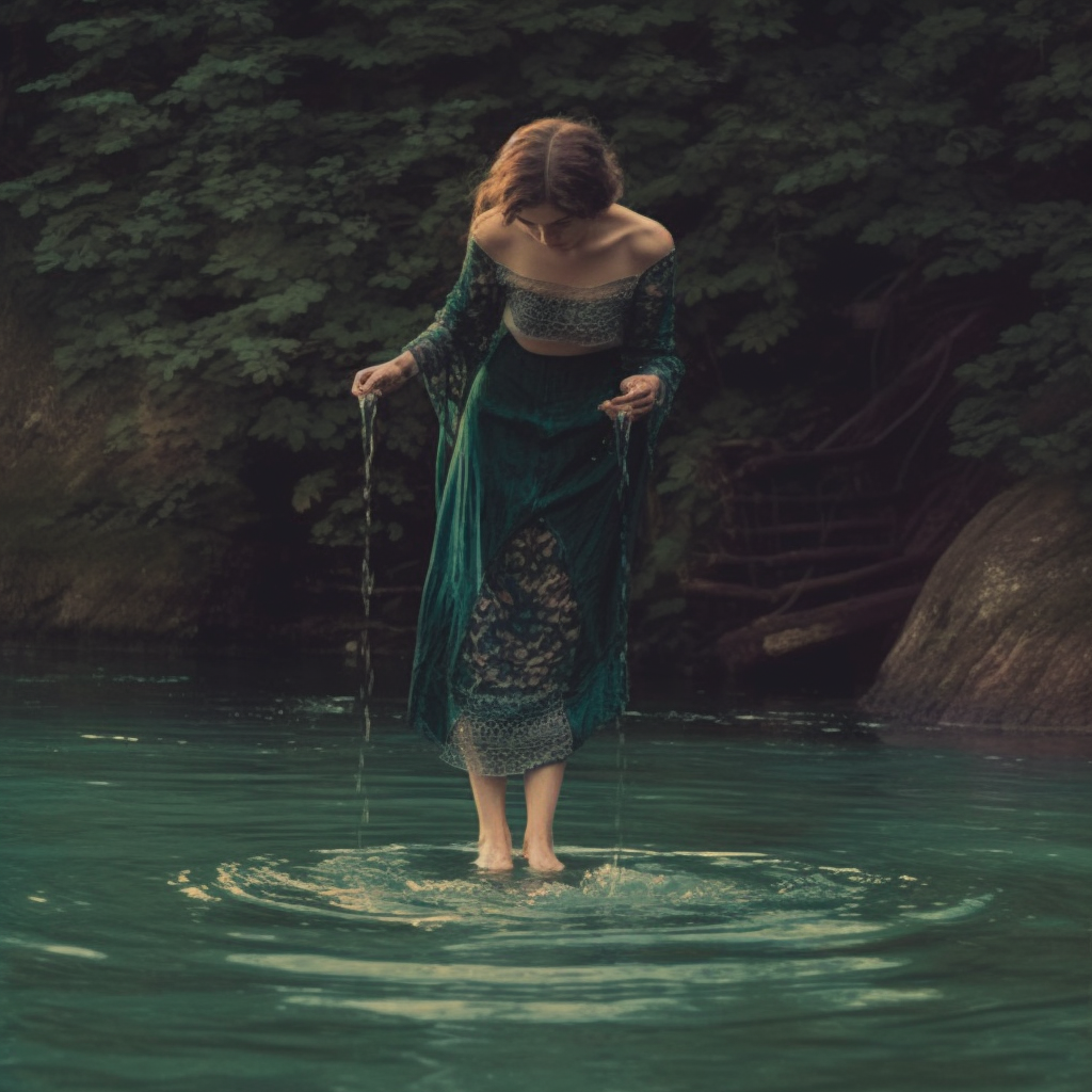 A woman with short brown hair stands in a body of water, wearing a green dress with lace and off-the-shoulder sleeves. She is looking down at the water and holding her dress as it drapes into the water, with a background of lush green foliage.