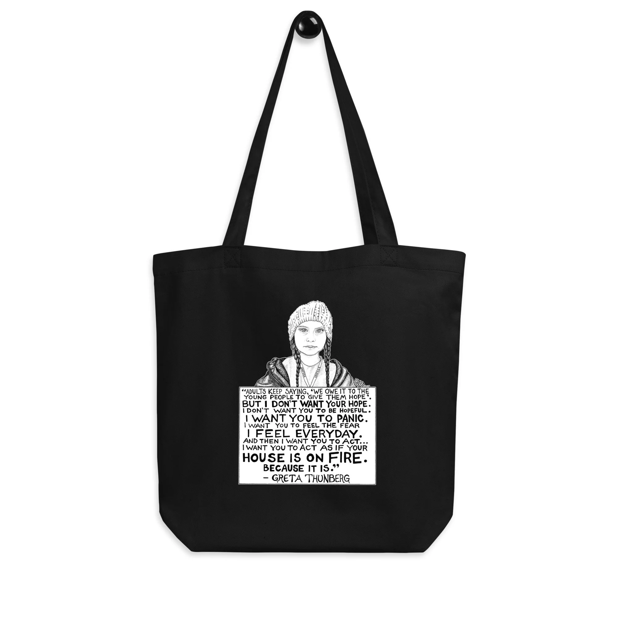 Greta Thunberg #1 Organic Tote Bag In Black By Artist Rick Frausto