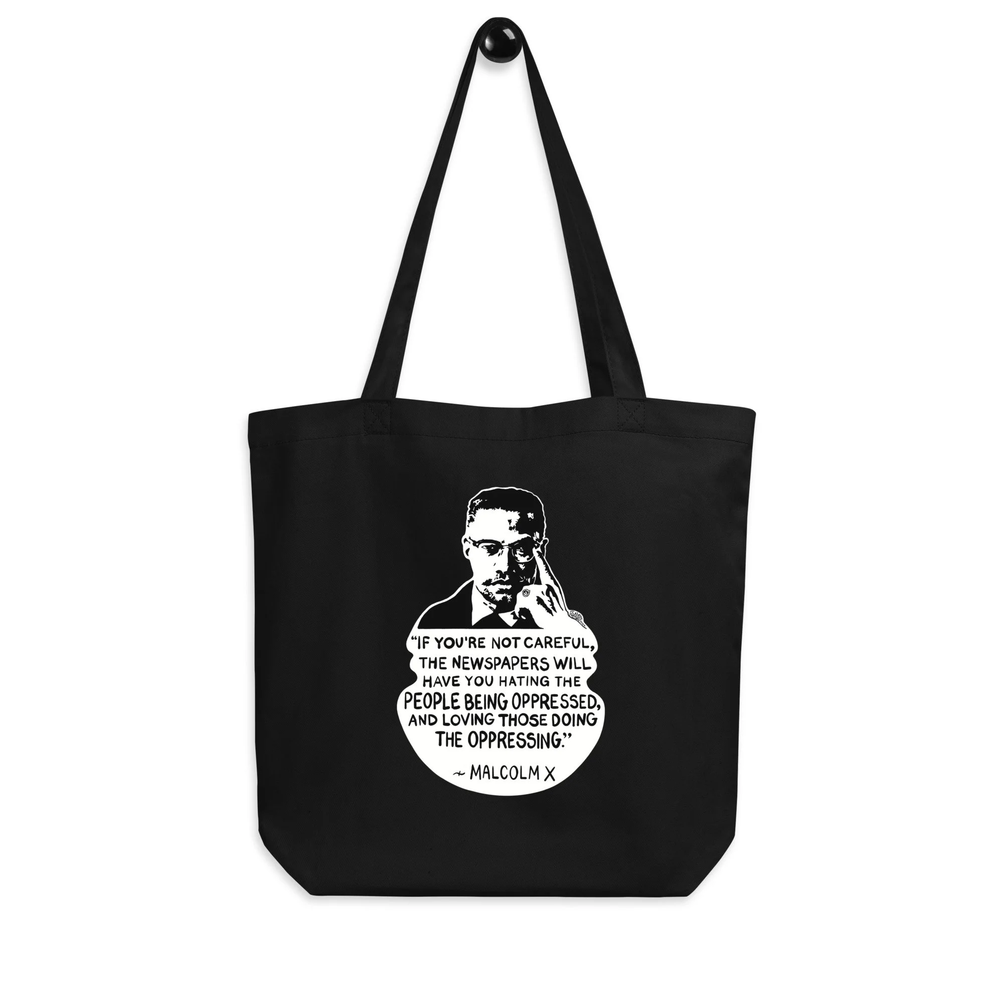 Malcolm X Organic Tote Bag In Black By Artist Rick Frausto