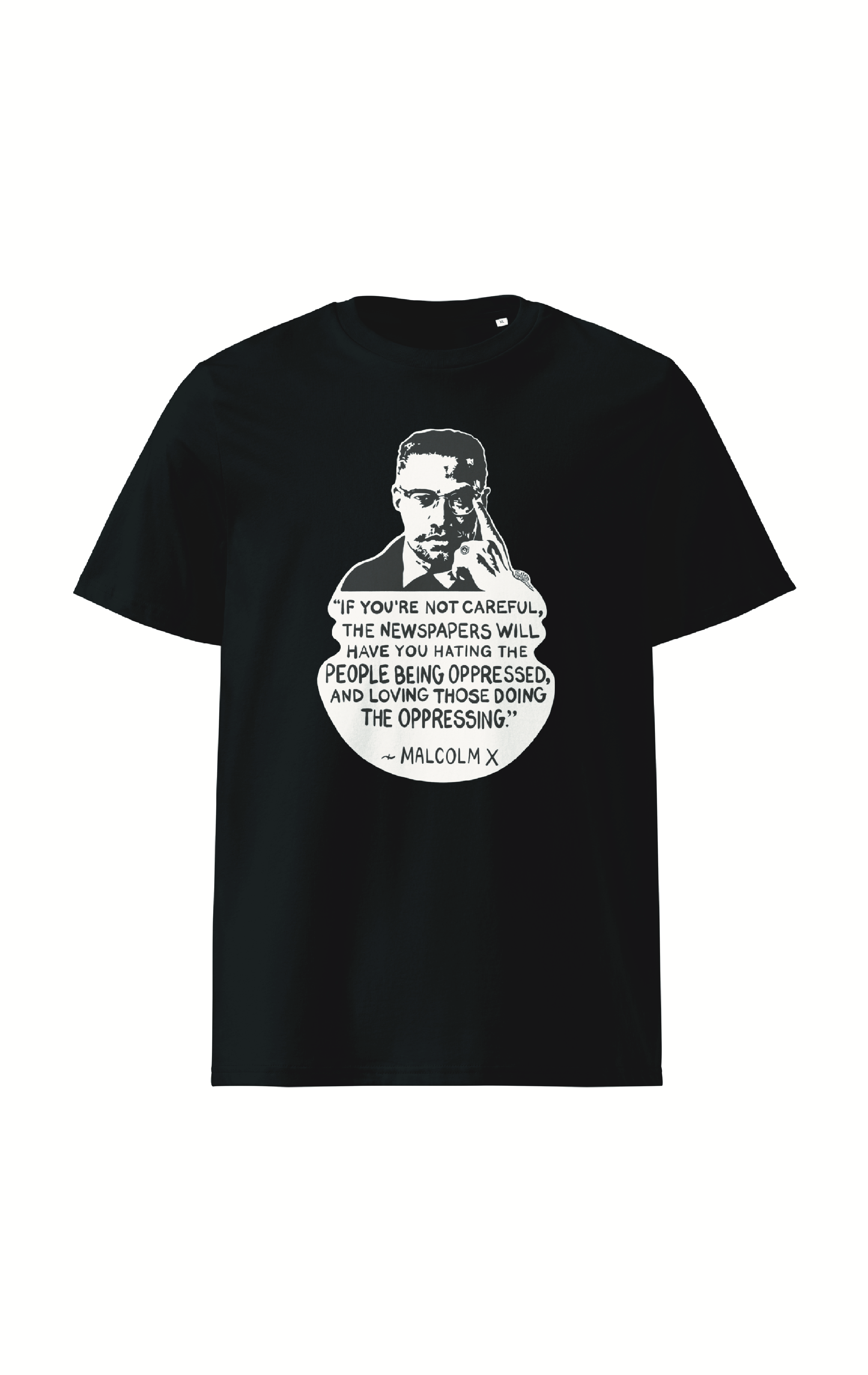 Malcolm X Organic Cotton T-Shirt In Black By Artist Rick Frausto