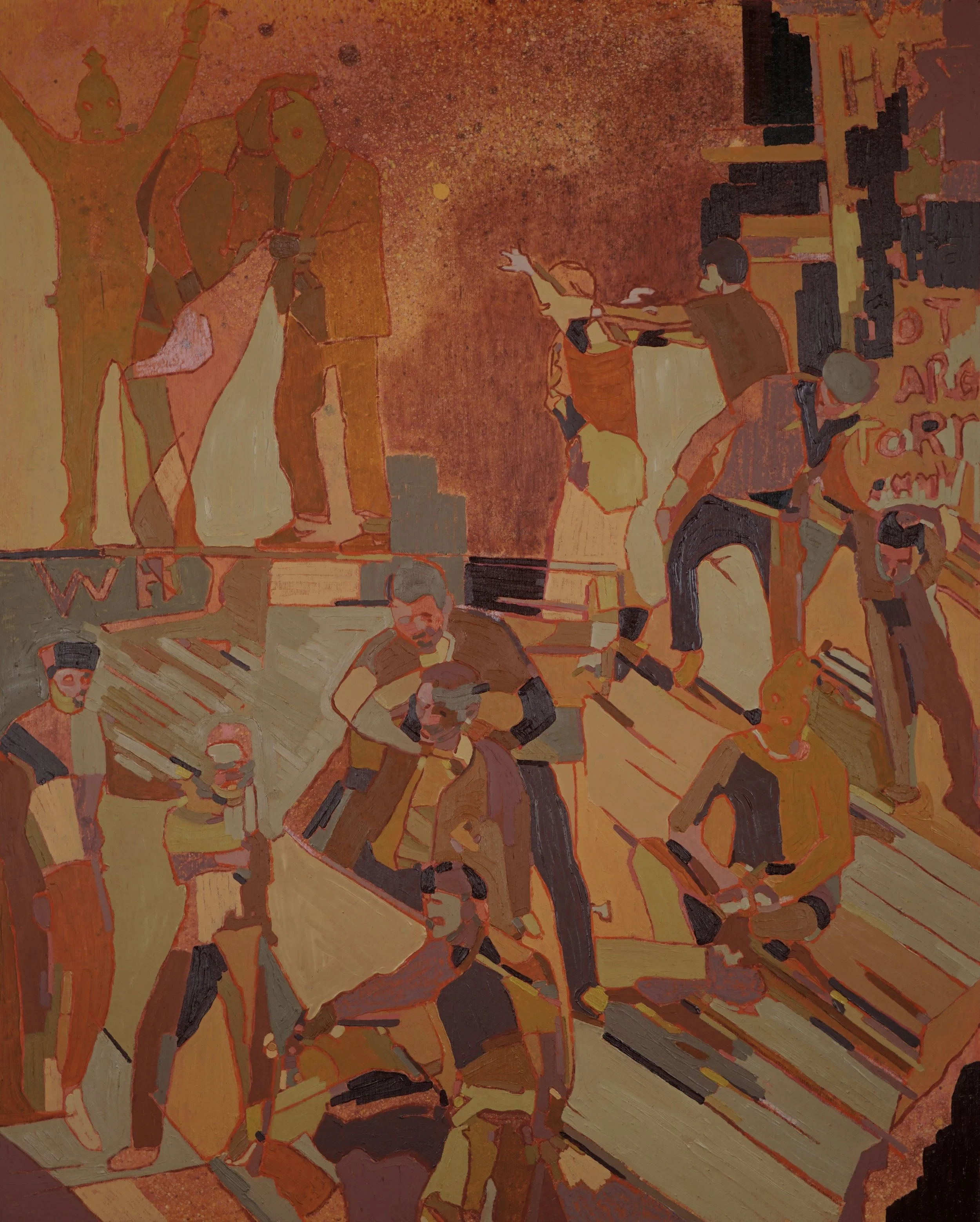 Riot (1987), 2023, 40cm x 50cm, oil on plywood panel, framed and available