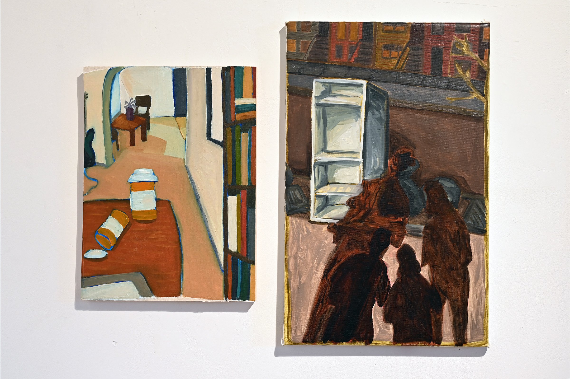  Natalie Jauregui-Ortiz Left: "a room in Portland", 2021 12 x 16" Oil on canvas mounted onto panel   Right: "a fridge in Bushwick", 2022 14 x 22" Oil on canvas  