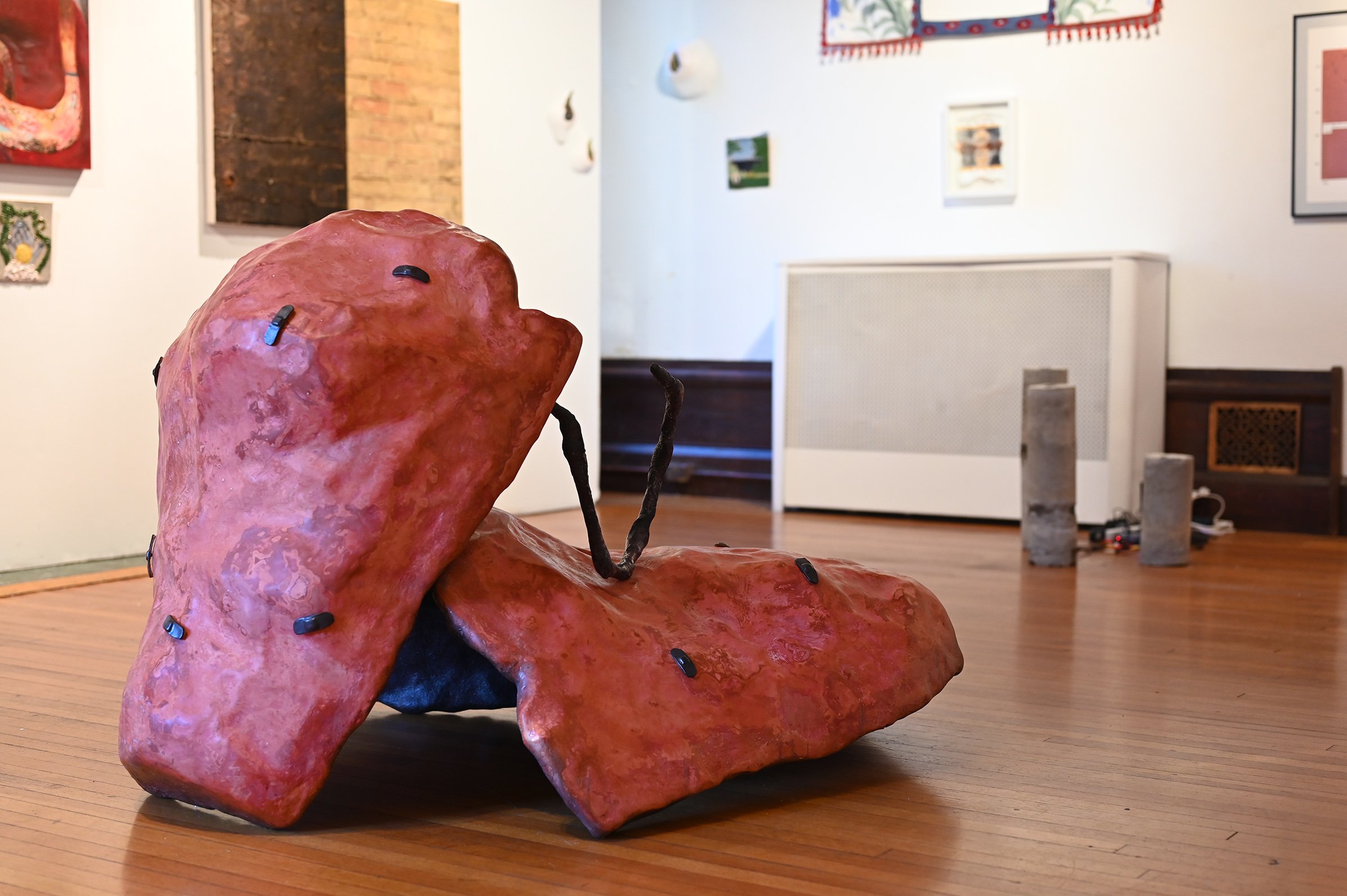  Nicki Cherry “Soft-Shelled Ego”, 2021 (Center of Room) 38  x 48 x 43" Fiberglass reinforced gypsum cement, epoxy, fiberglass, wax, graphite, copper pipe, glazed stoneware band-aids 