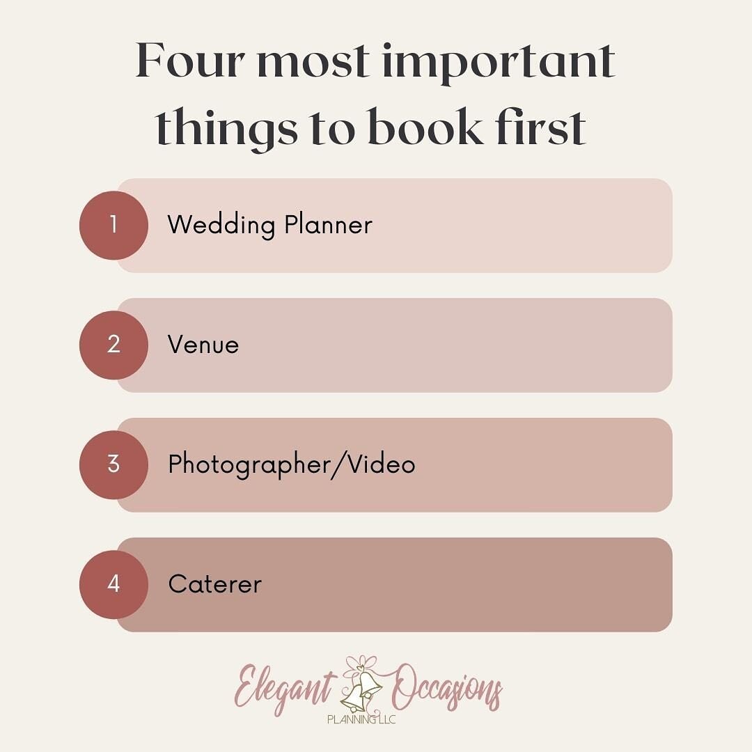 Happy Monday! 🤎

When booking for your wedding these are the most important vendors to book! First book a planner ! A wedding planner can book all the rest of your vendors for you! They can be the voice for you in what you want . If you want to be y