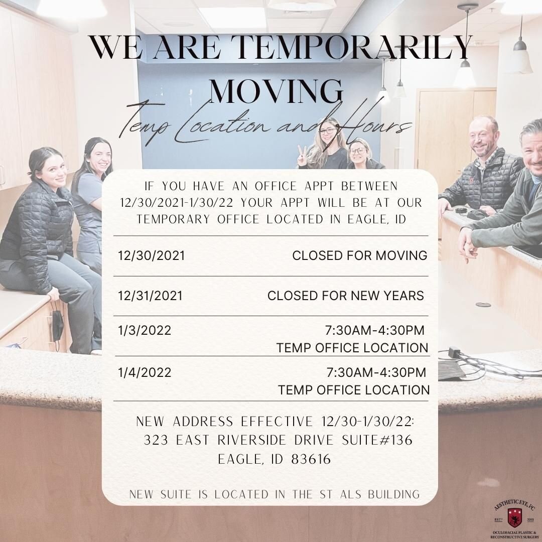 We hope everyone had a wonderful Holiday Season! We are busy preparing for our temporary move!

We will be temporarily moving our practice between the dates of 12/30/2021-1/30/2022  to:
 323 East Riverside Drive Suite#136 Eagle, ID 83616. 
If you hav