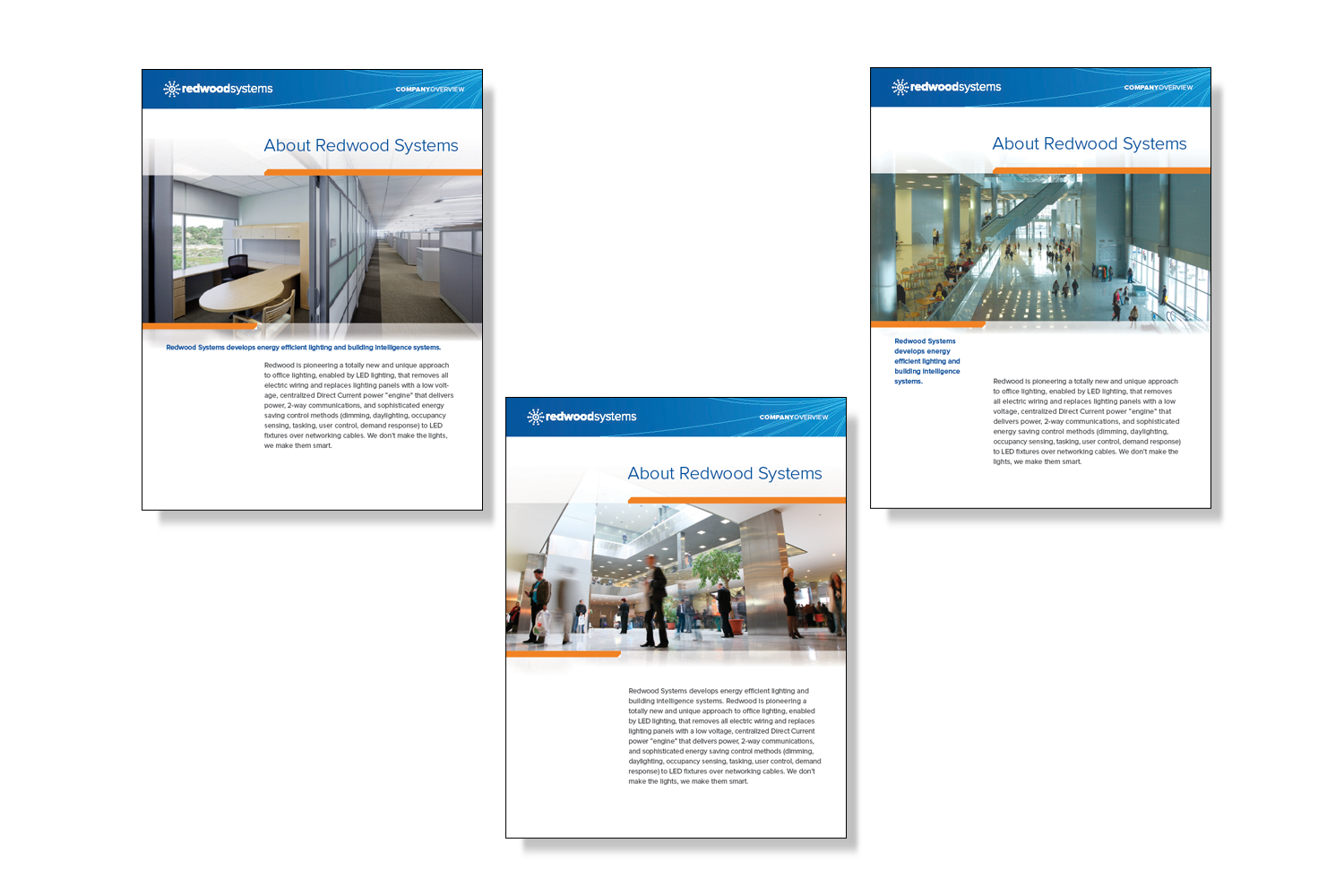 Redwood Systems corporate overview single sheets
Set of three full-color, two-sided corporate overview single sheets for intelligent lighting manufacturer