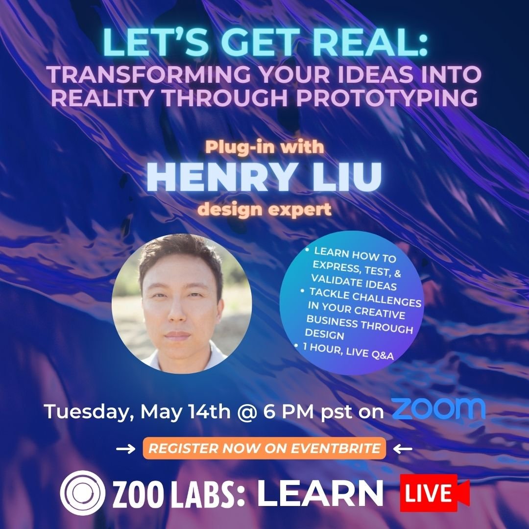 Let's get real!
Join us NEXT WEEK - on Tuesday, May 14th for a one hour master class on transforming your ideas into reality through prototyping with expert design strategist, Henry Liu! This 1-hour workshop will be packed with useful gems 💎! We&rsq