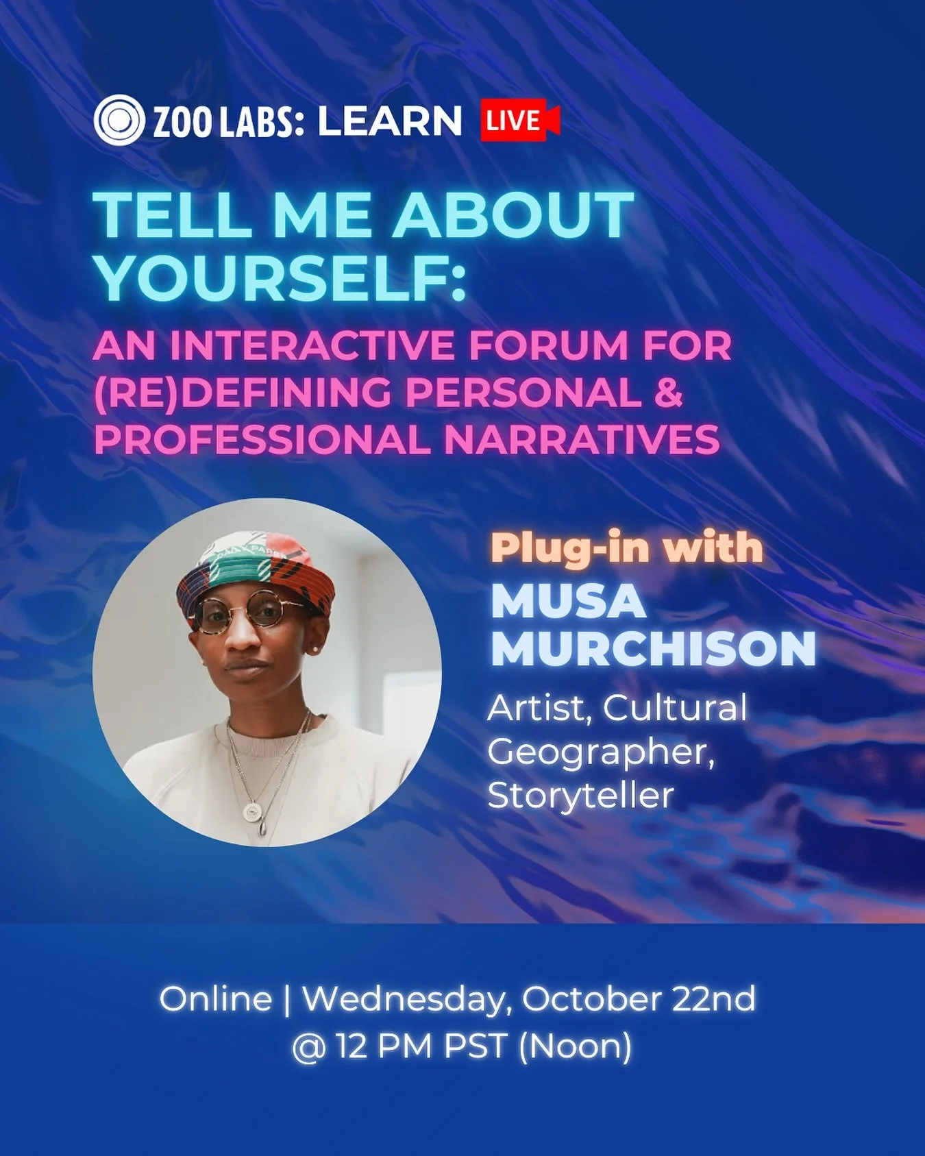Looking to gain confidence in representing your personal brand and identity?

Join artist + cultural geographer @musamurchison for an interactive storytelling forum designed to help you shape and confidently share your personal &amp; professional nar
