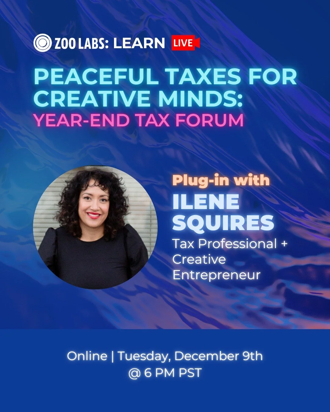 The 4th quarter tax deadline is coming soon. 💸 
Now is the perfect time to learn strategies that take the fear out of taxes, and create a plan for growth in your creative business!

Join us on Tuesday evening, 12/9 for a live Zoo Labs learning sessi