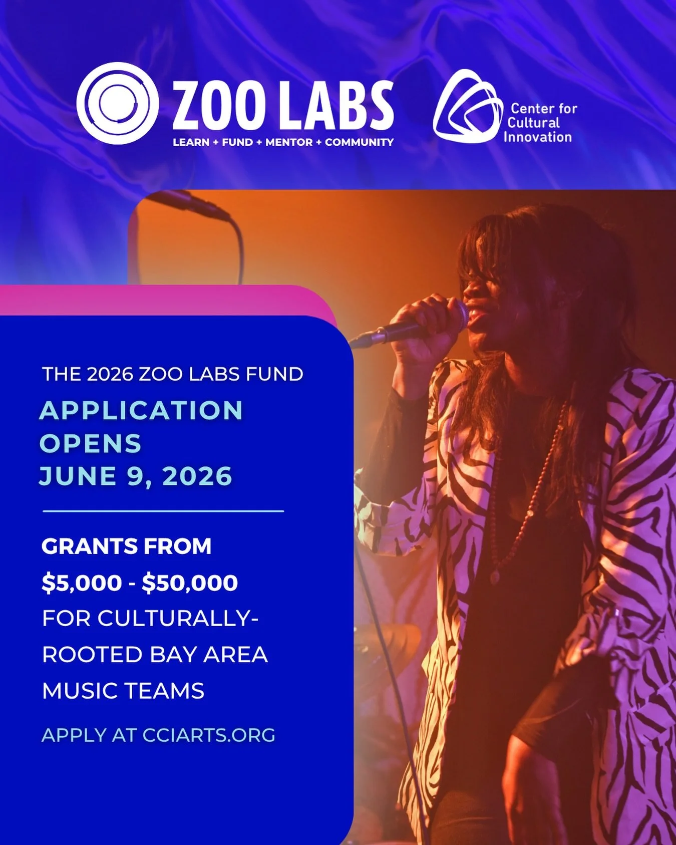 Hey Bay Area music entrepreneurs! @thezoolabs is offering grants from $5,000 to $50,000 for culturally rooted teams launching or growing a music business in the Bay Area. The application portal opens June 9 on the @cci_arts website.

Have questions? 