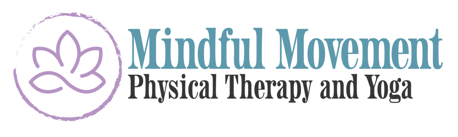 logo with a purple lotus blossom surrounded by a circle. Next to are the words Mindful Movement Physical Therapy and Yoga