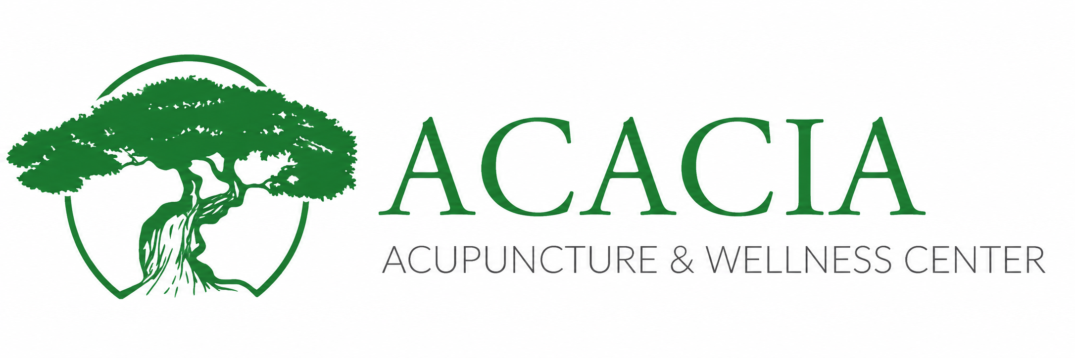 Brand logo for Acacia Acupuncture and Wellness Center showcasing a nature-inspired tree illustration alongside clean green lettering, representing holistic health, acupuncture, and wellness services.