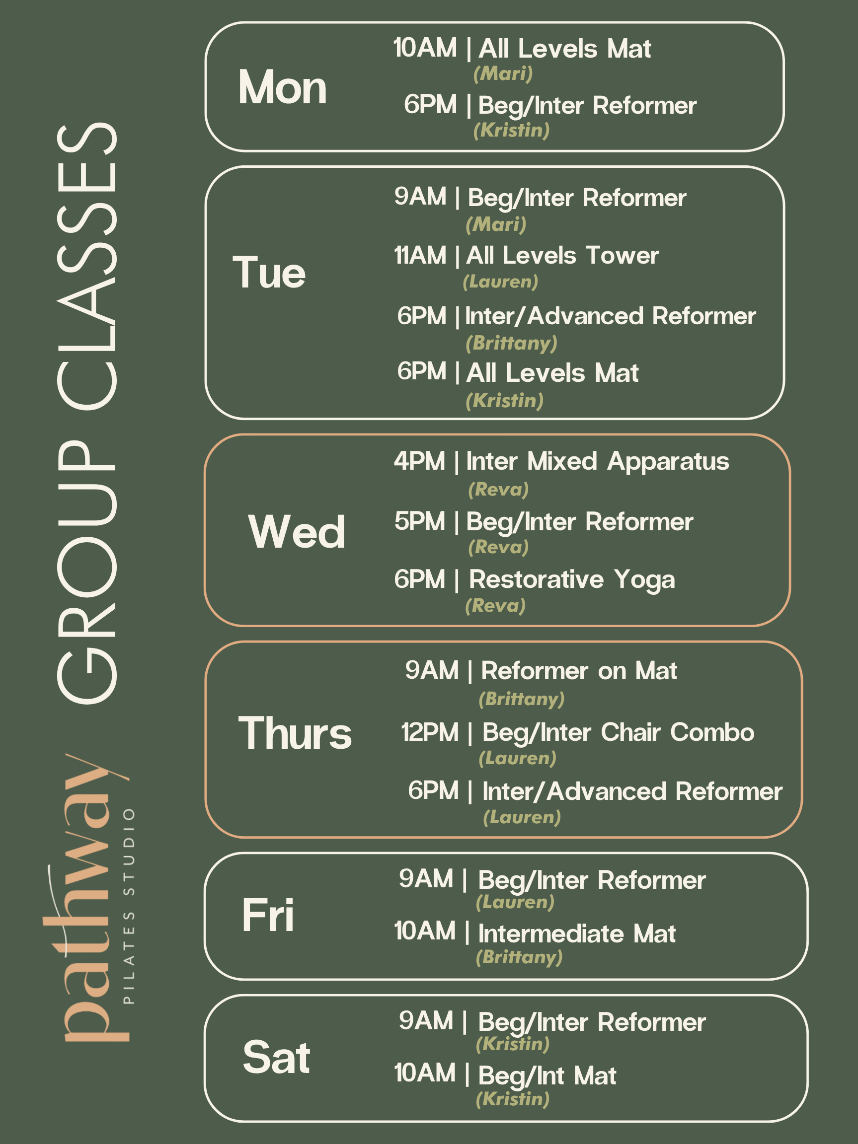 Weekly group class schedule at Pathway Pilates Studio, showing class times, levels, and instructors.