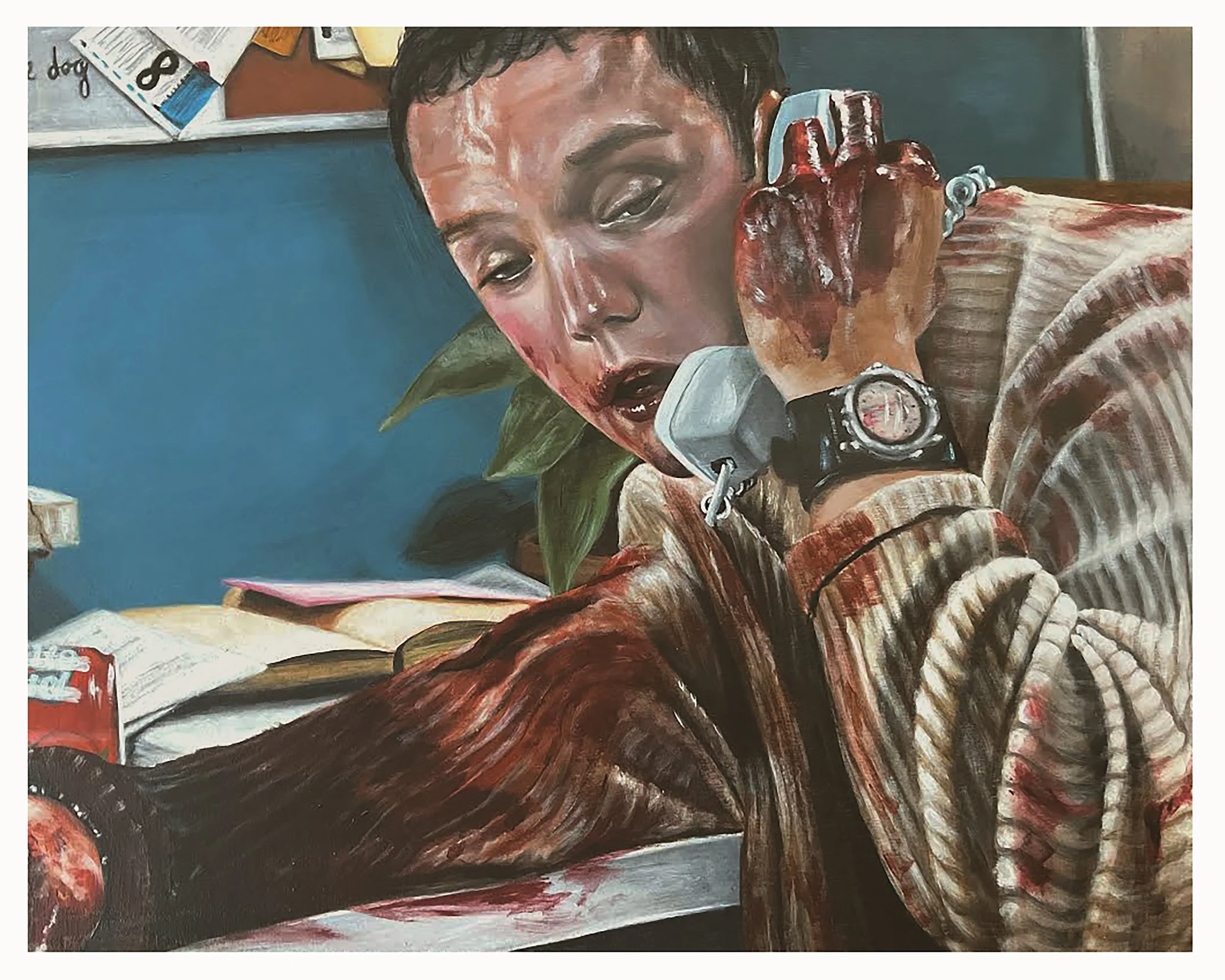 A woman with short hair, wearing a striped jacket and a watch, is talking on the telephone with her eyes half-closed. She appears to be resting her head on her desk, which has papers, a red object, and a plum or pomegranate. There are green plants an