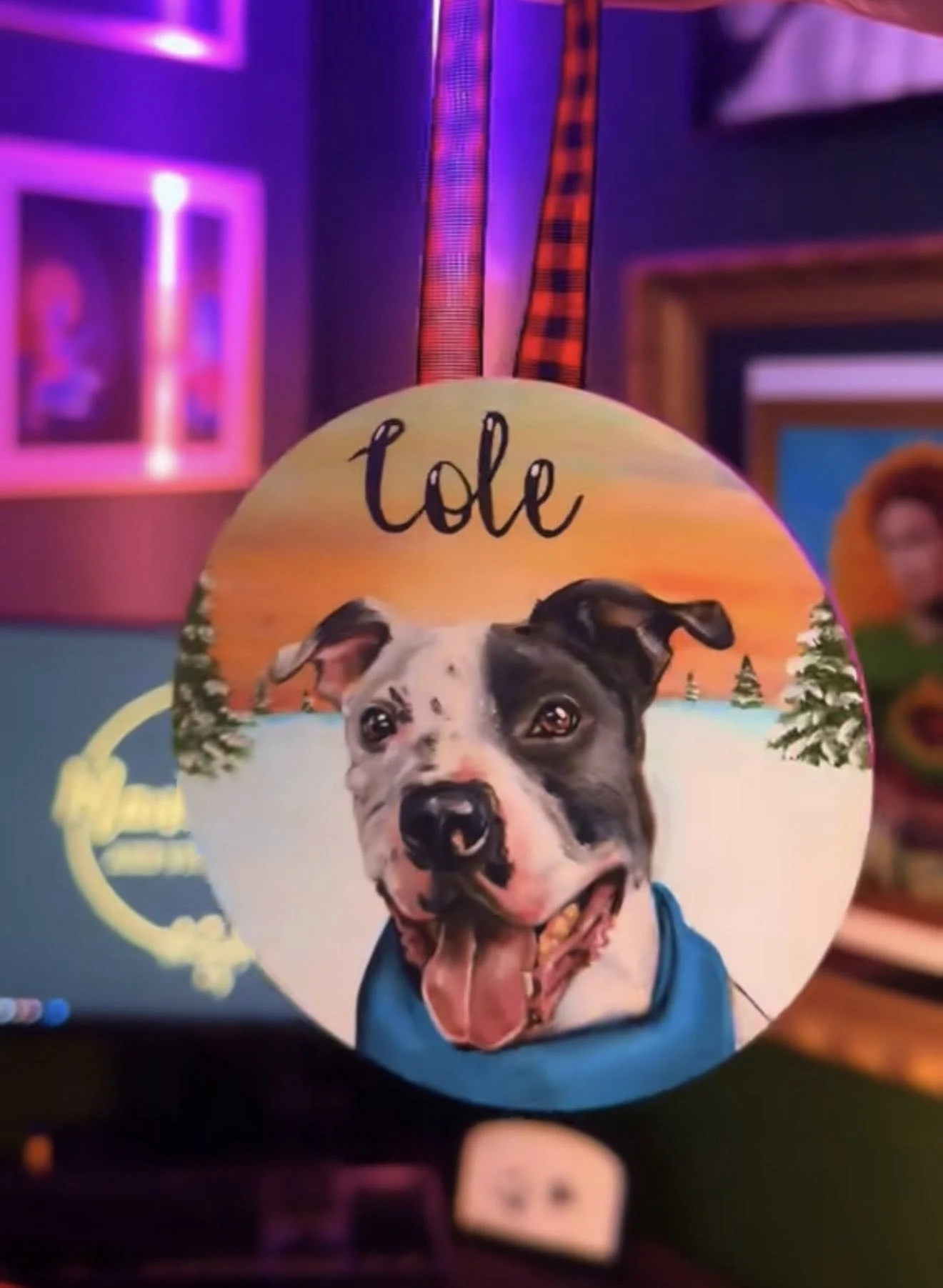 Round ornament with a painted portrait of a happy dog with a black and white face, and a blue collar, set against an orange sunset background with trees. The name 'Toby' is written at the top, and the ornament is hanging by a ribbon.
