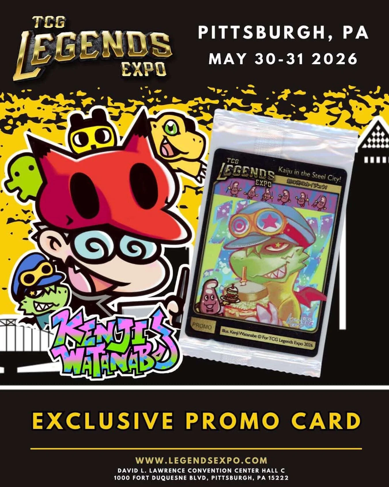 🚨 EXCLUSIVE PROMO CARD REVEAL! 🚨

Say hello to the TCG Legends Expo Pittsburgh 2026 exclusive promo card: &ldquo;Kaiju in the Steel City!&rdquo; 鋼の街のカイジュウ！🔥✨

Illustrated by the one and only Kenji Watanabe (@jinke_jinke), this Event-Exclusive holo