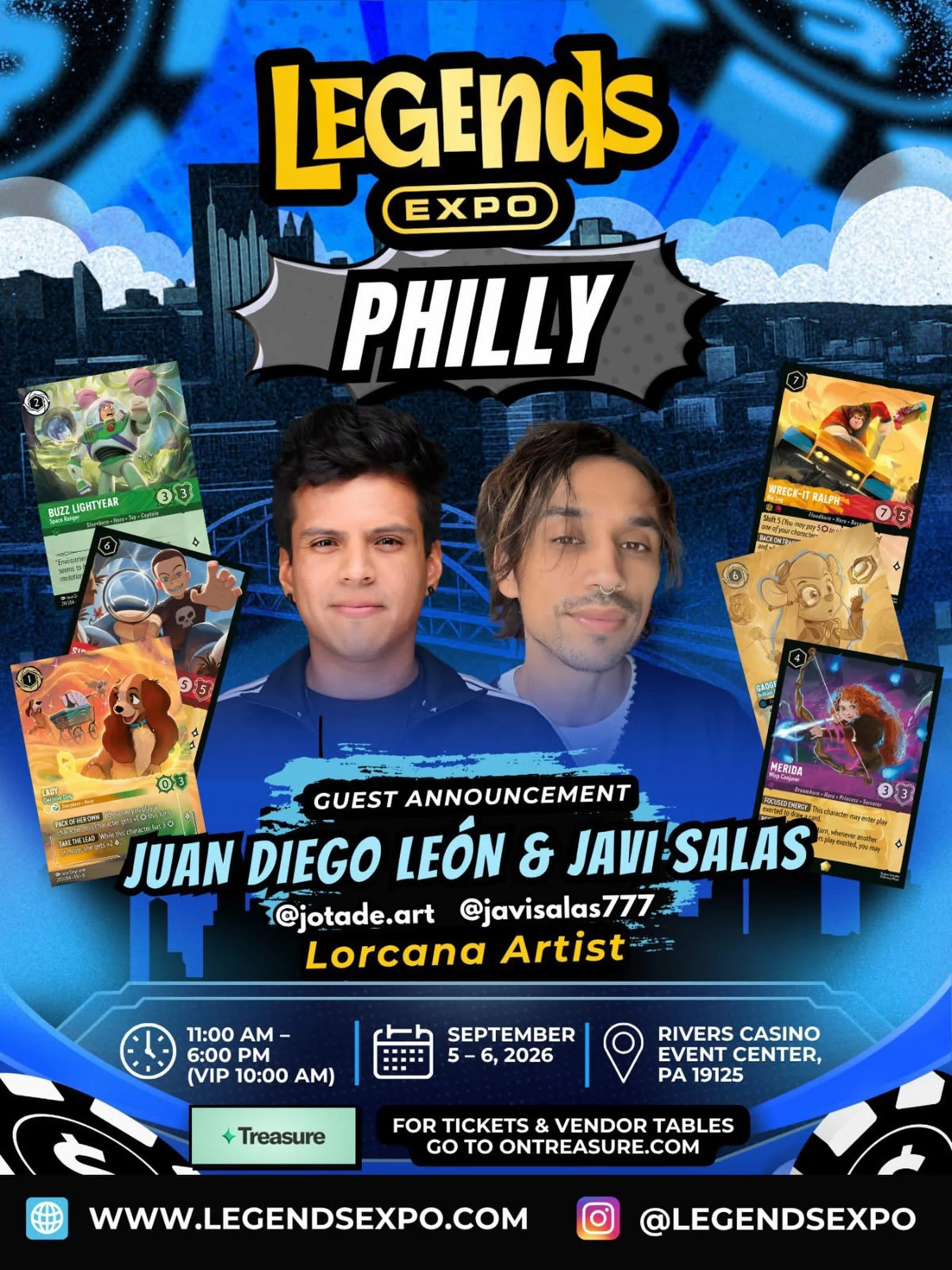 Double the Lorcana talent is coming to Philly. 🎨✨ We are THRILLED to welcome Juan Diego Le&oacute;n (@jotade.art) and Javi Salas (@javisalas777) to Legends Expo Philly! Both are Lorcana card artists, with credits including Buzz Lightyear, Lady, Wrec