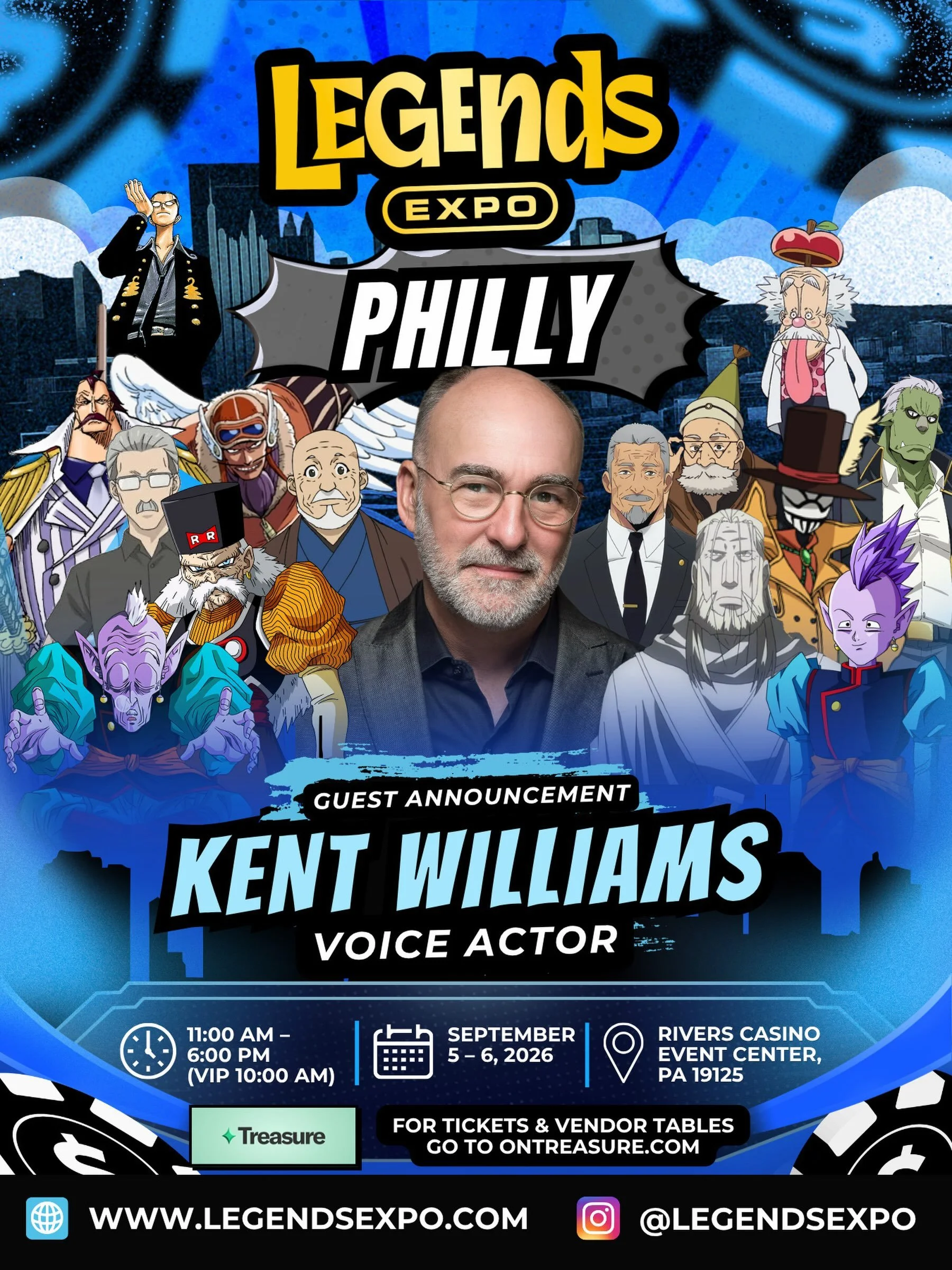We are THRILLED to welcome Kent Williams to Legends Expo Philly! With over 400 anime and video game credits to his name, Kent is one of the most prolific voice actors in the game, including Dr. Gero, Supreme Kai, and Janemba on Dragon Ball Z, Father 
