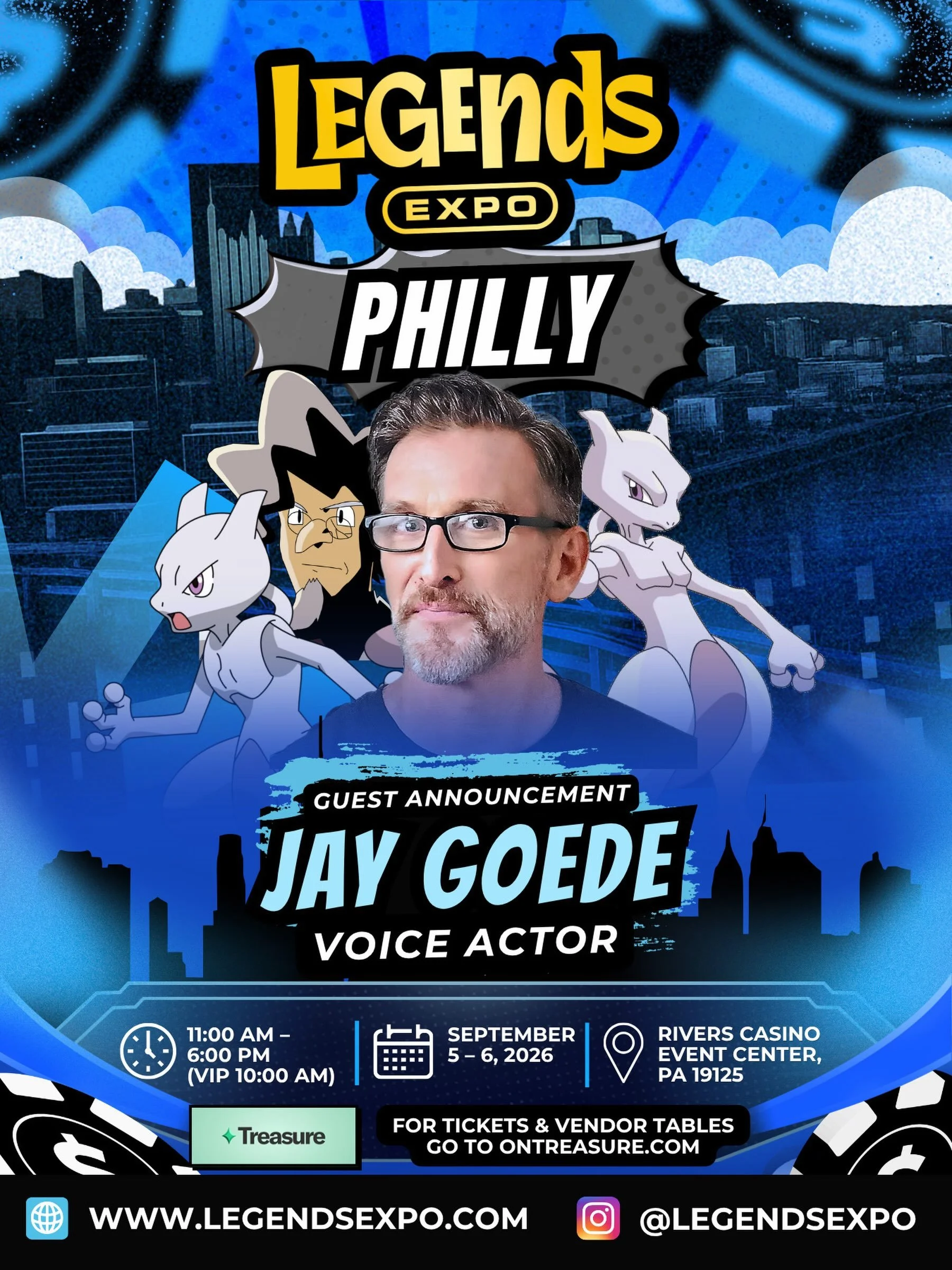 Mewtwo is coming to Philly. 👀🎙️ We are THRILLED to welcome Jay Goede, the voice of Mewtwo himself, to Legends Expo Philly! September 5&ndash;6 at Rivers Casino Event Center, come meet the most powerful Pok&eacute;mon&rsquo;s voice in person.

Ticke