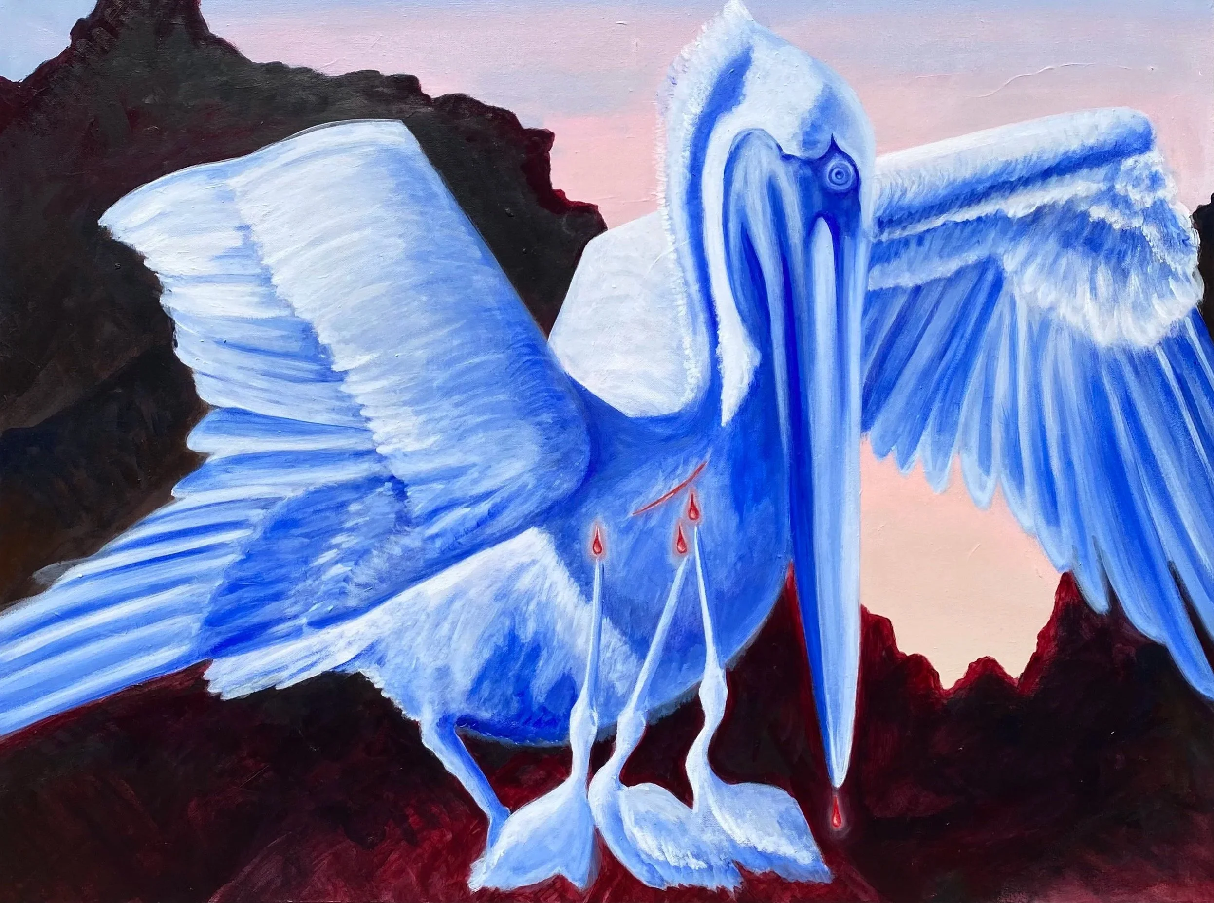 Pelican in Her Piety 30x40x2’ acrylic on canvas