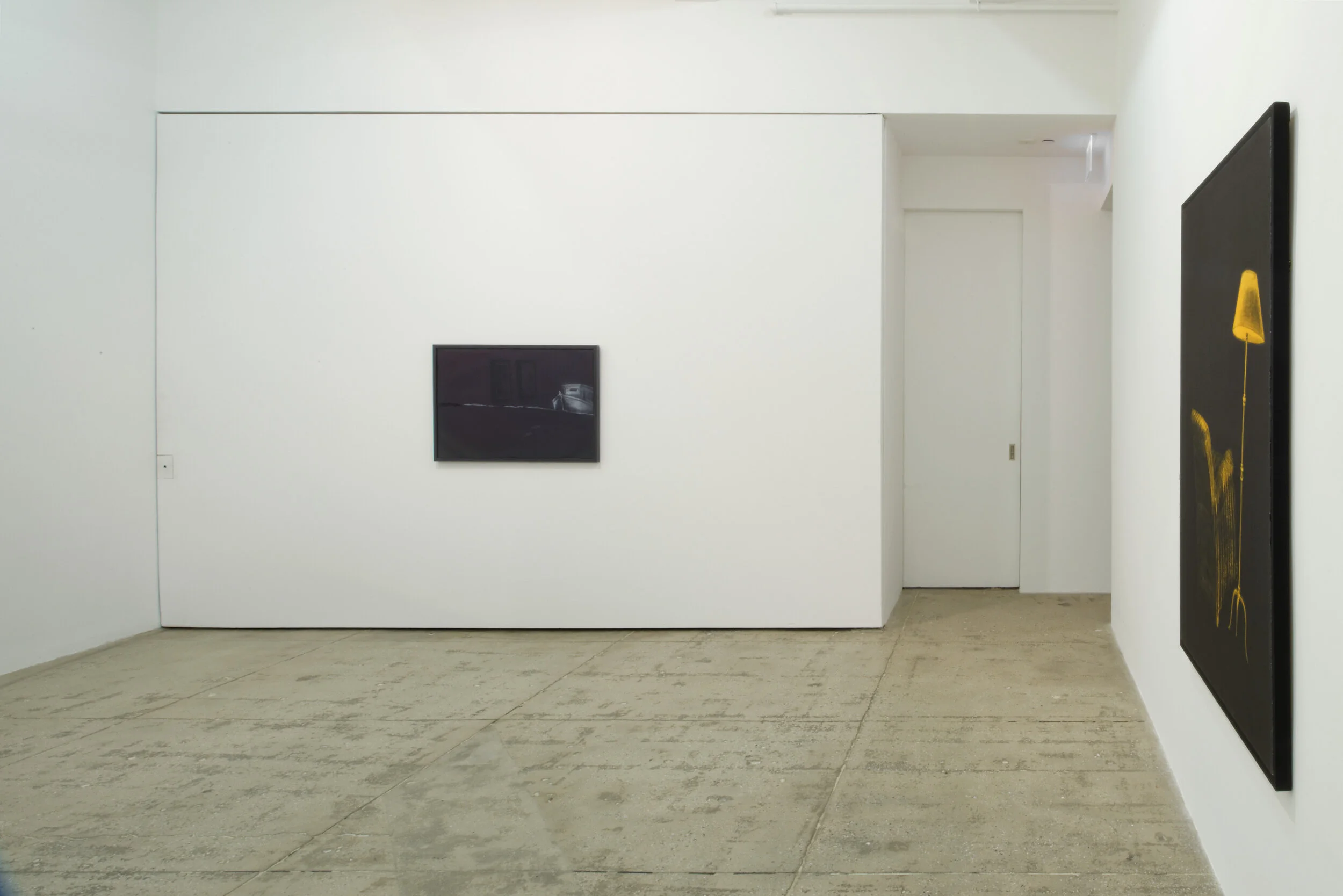 Marian Goodman Gallery installation view with a dark painting on a white partition wall and a black-and-gold canvas at right