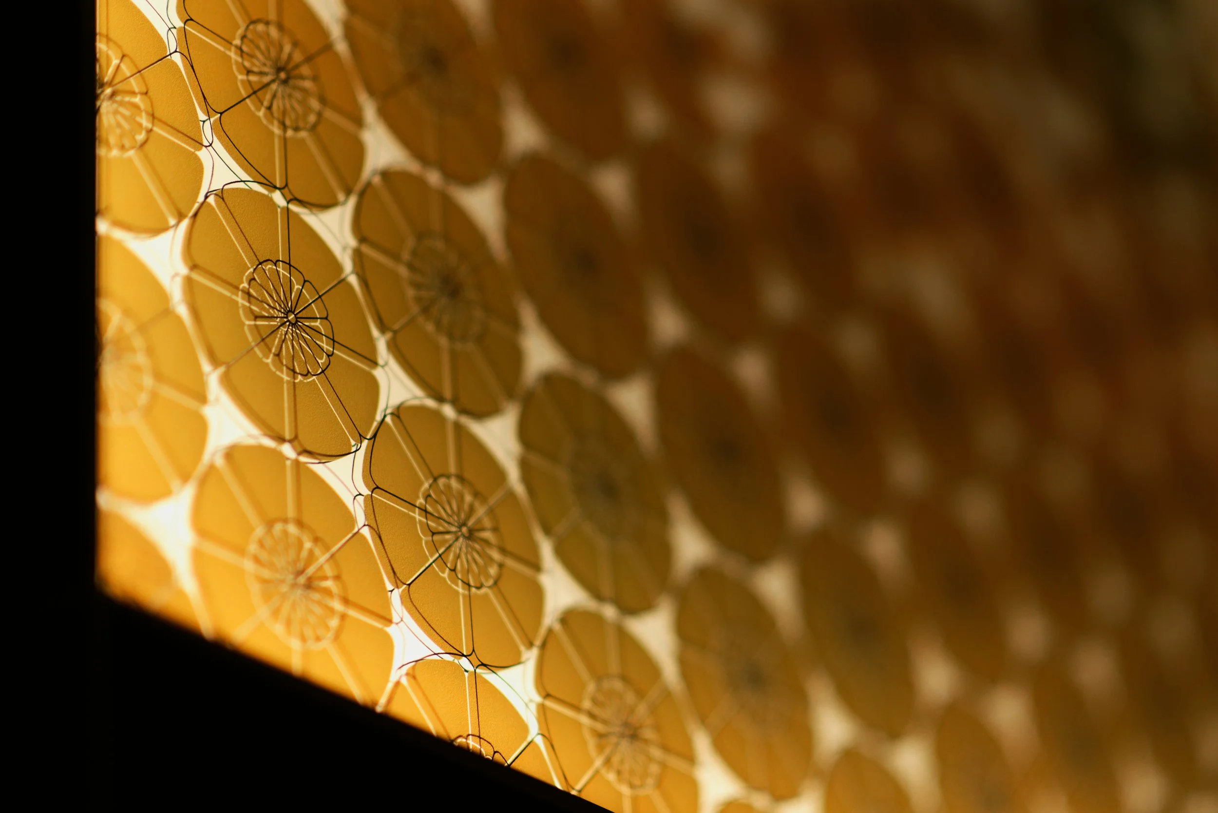 JGNA residential detail of a backlit amber floral-patterned screen